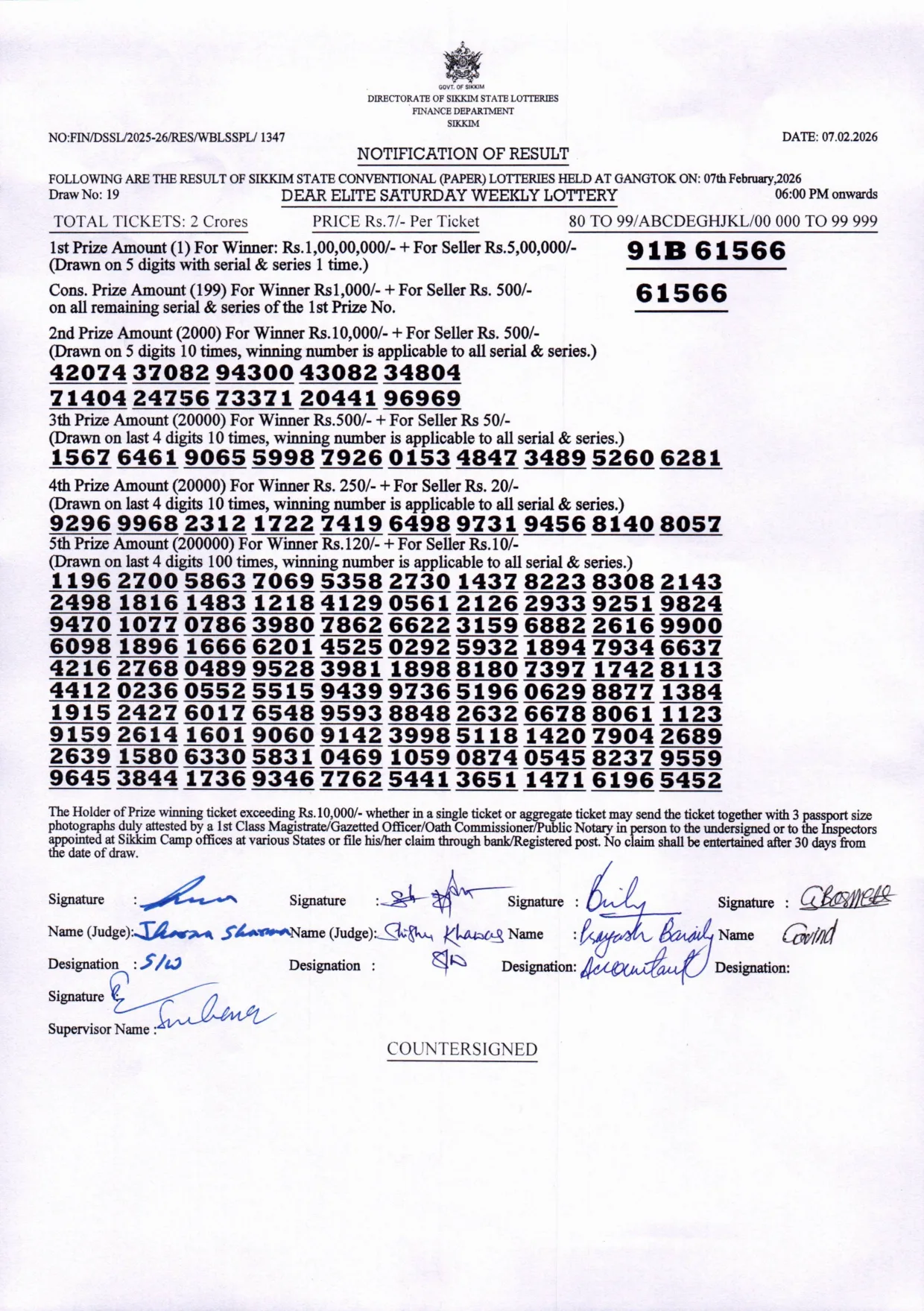 Dear Lottery result 6PM 07.02.2026