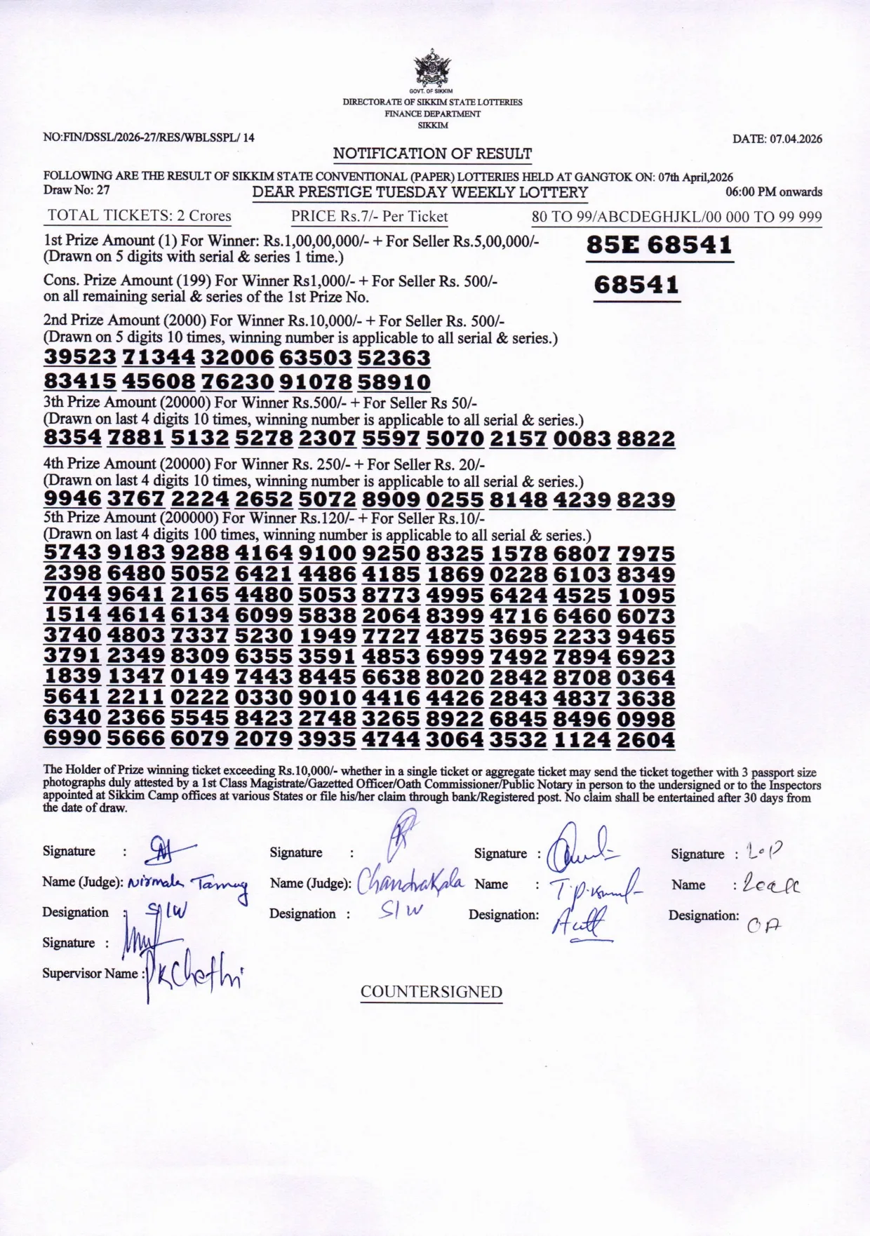 Dear Lottery result 6PM 07.04.2026