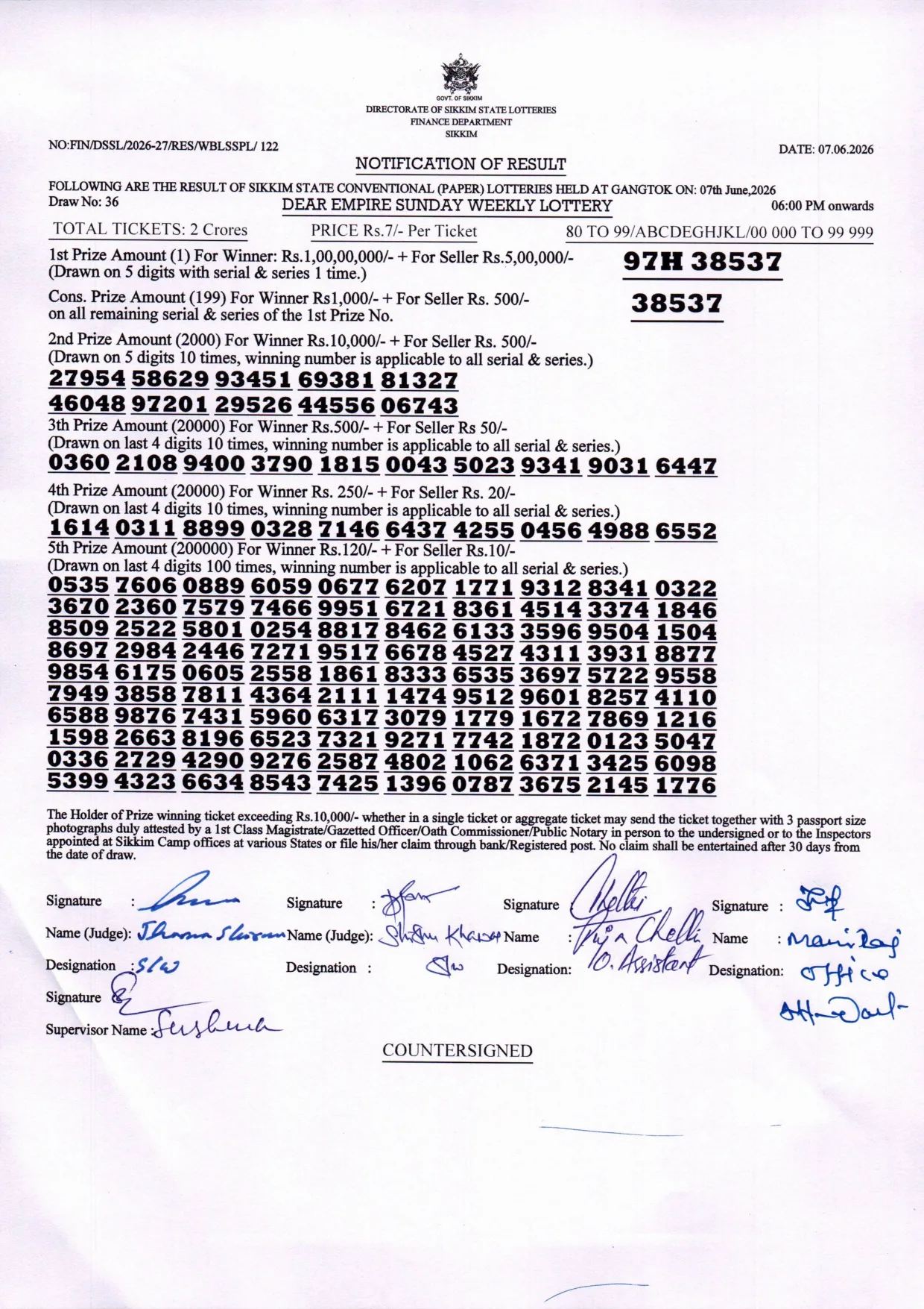Dear Lottery result 6PM 07.06.2026