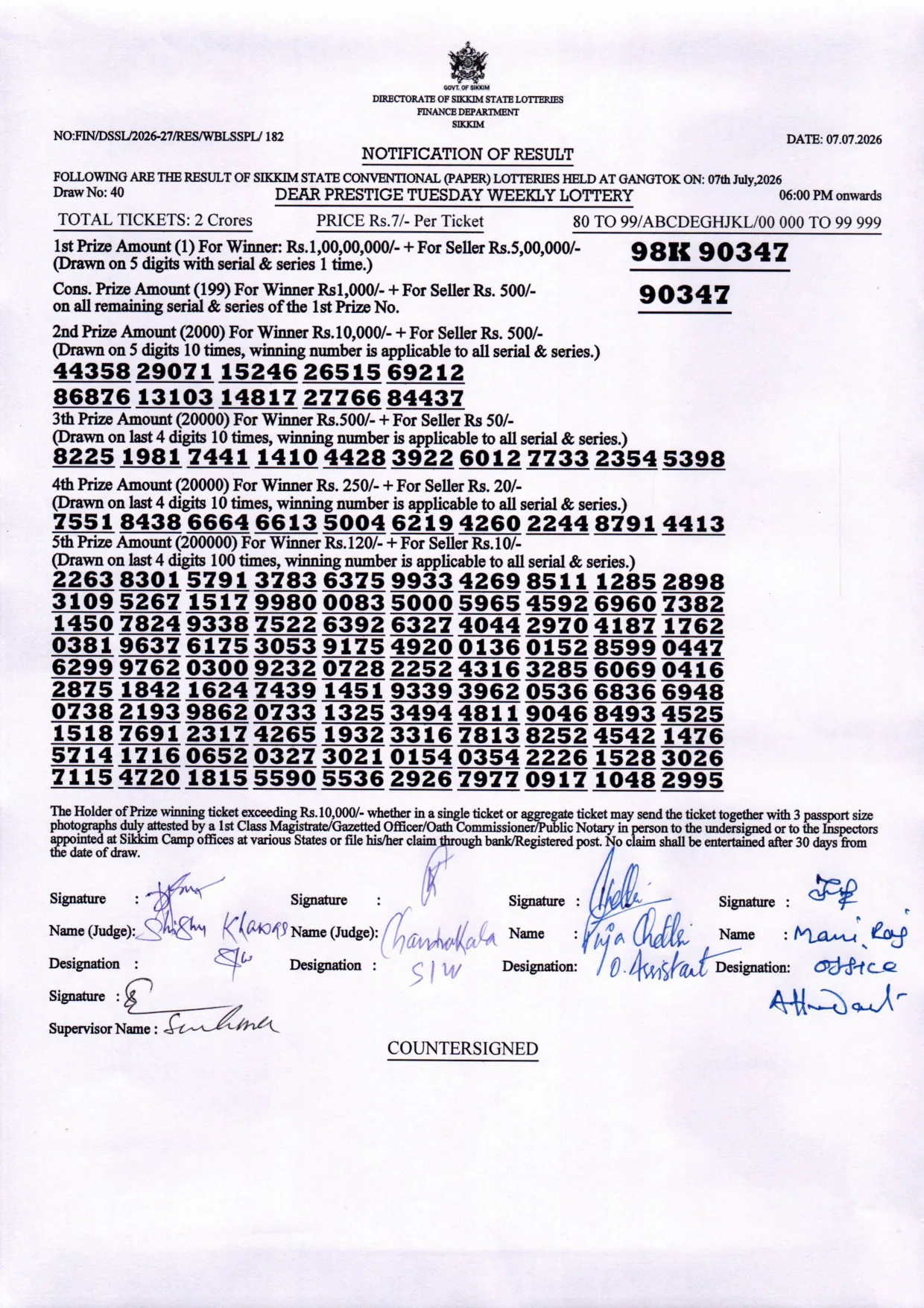 Dear Lottery result 6PM 07.07.2026