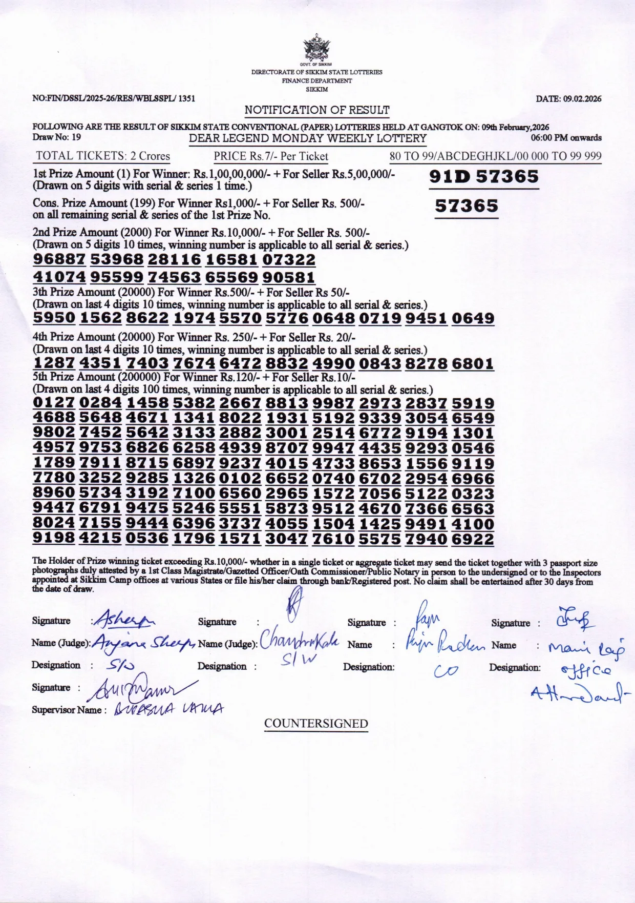 Dear Lottery result 6PM 09.02.2026