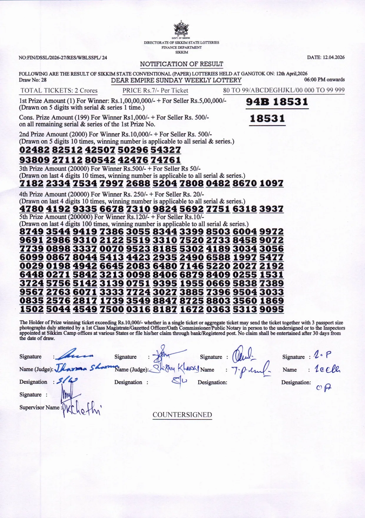 Dear Lottery result 6PM 12.04.2026
