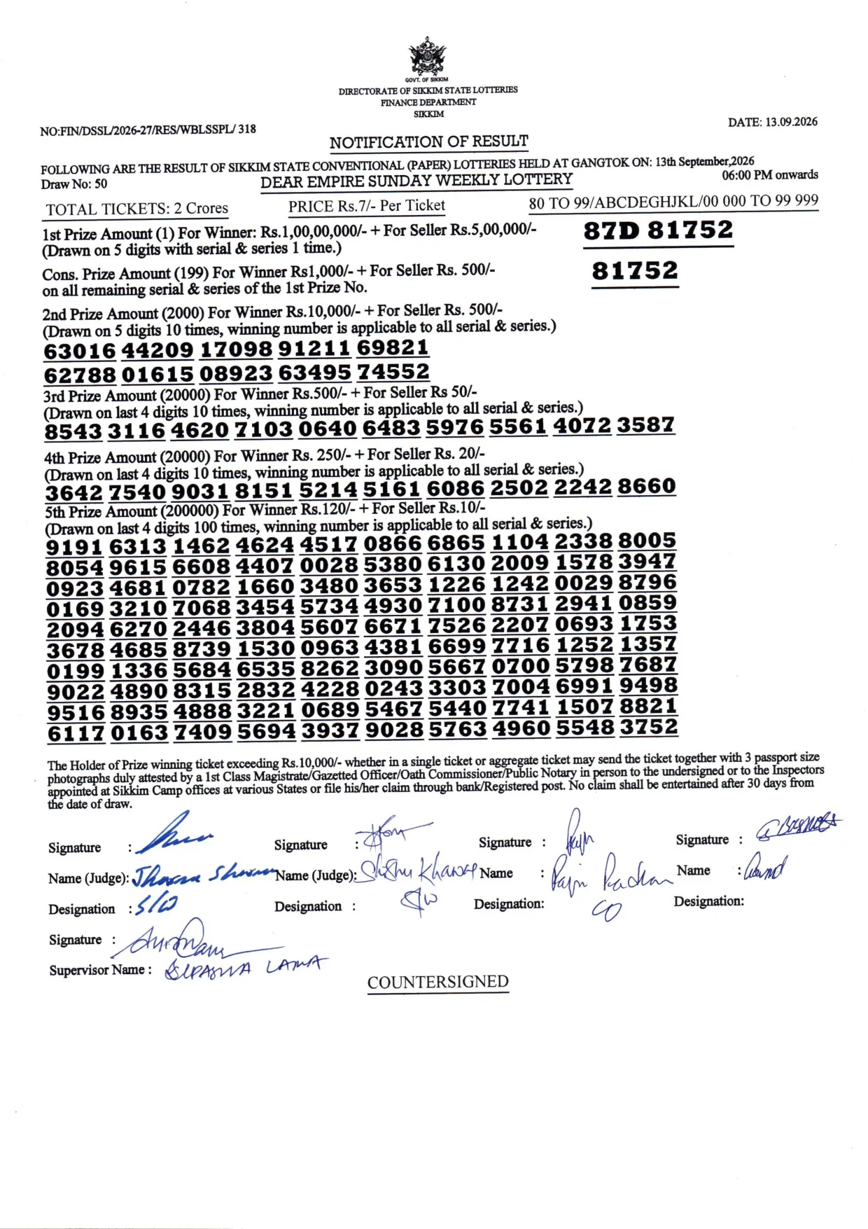 Dear Lottery result 6PM 13.09.2026