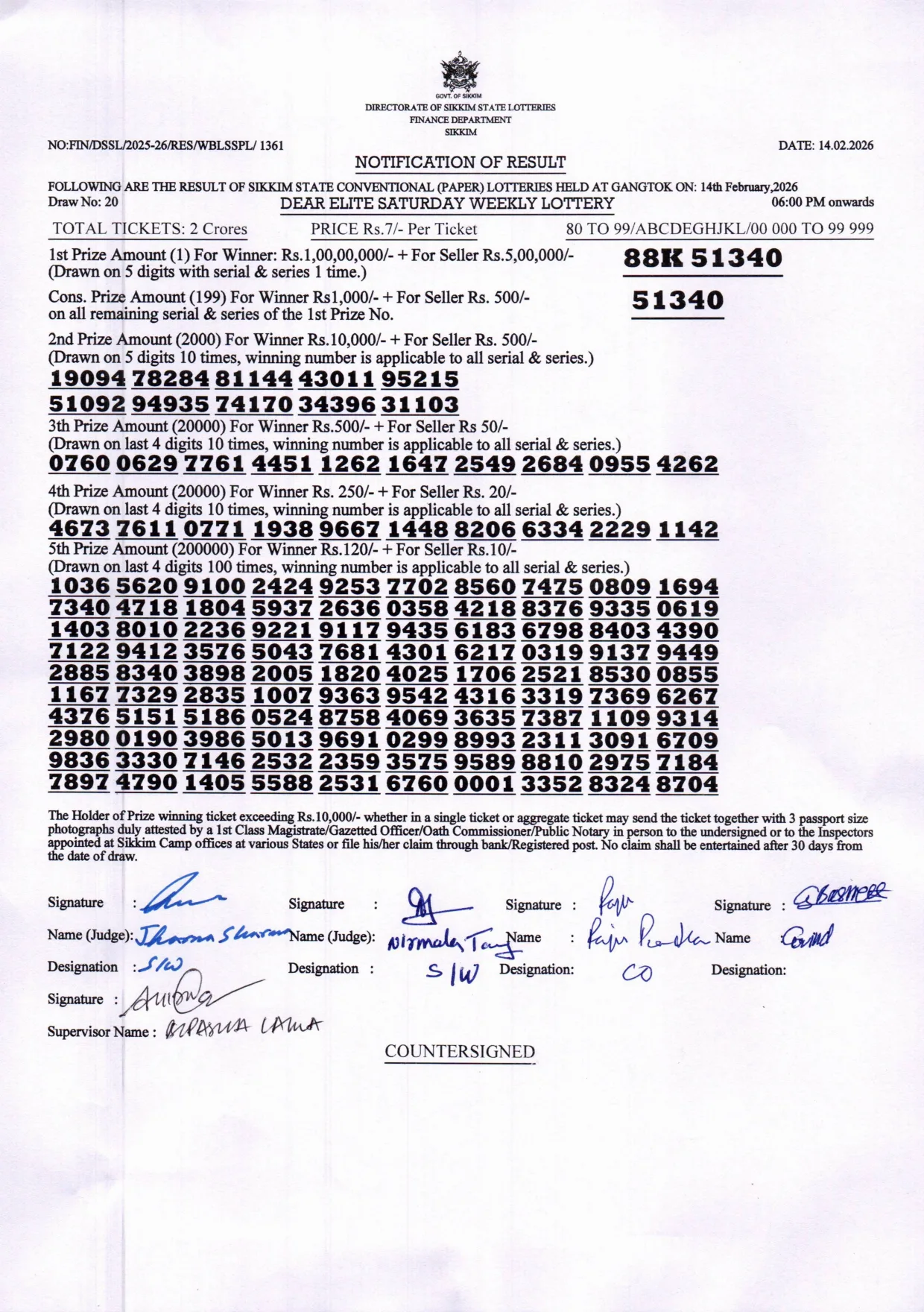Dear Lottery result 6PM 14.02.2026