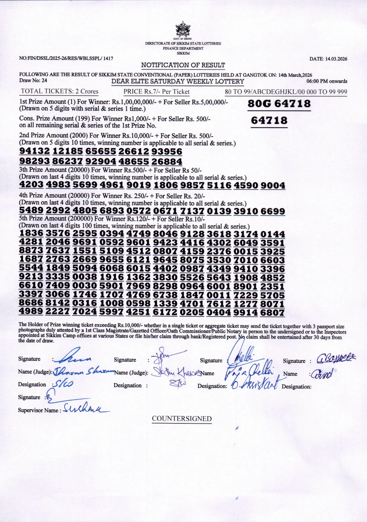 Dear Lottery result 6PM 14.03.2026