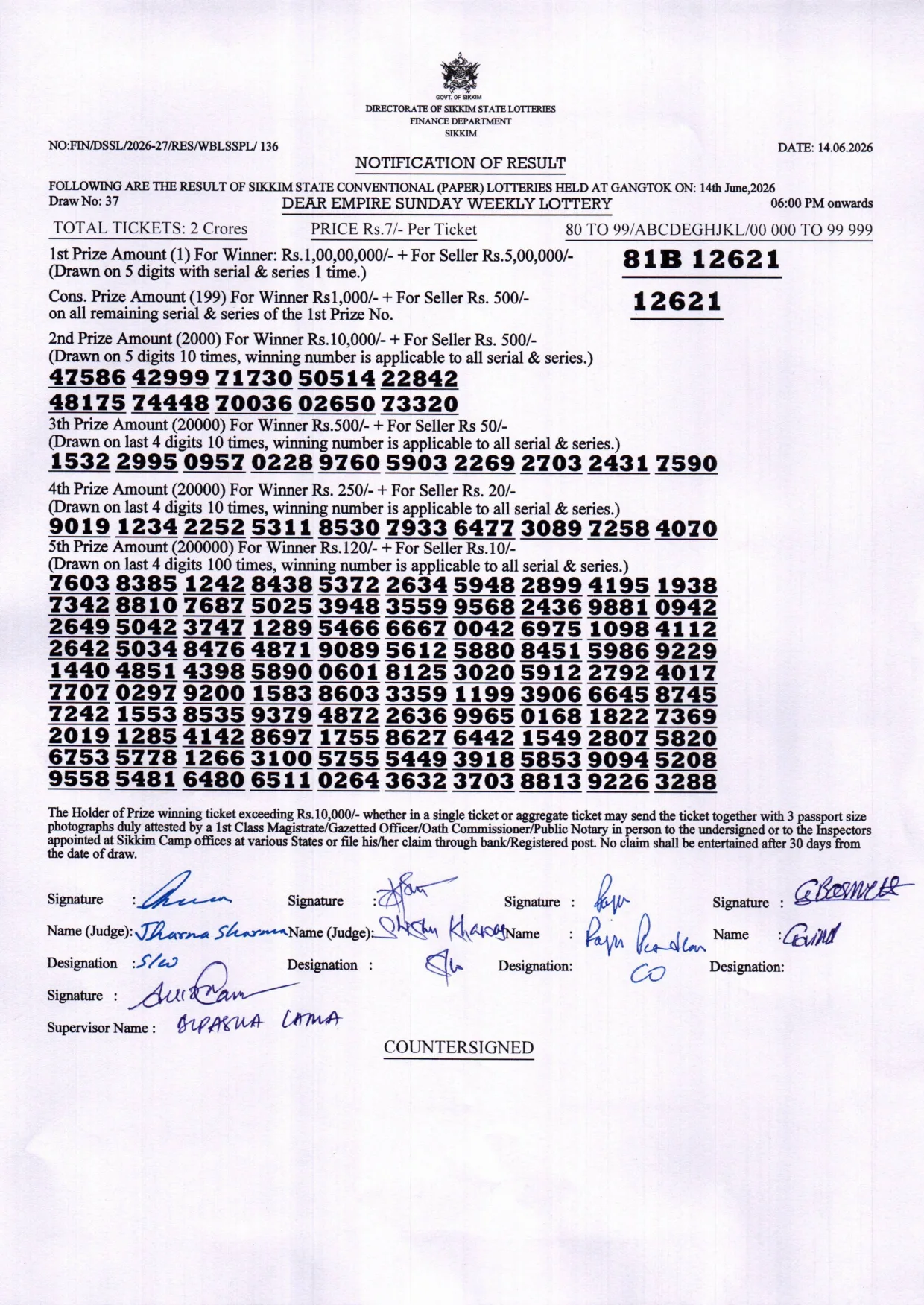 Dear Lottery result 6PM 14.06.2026