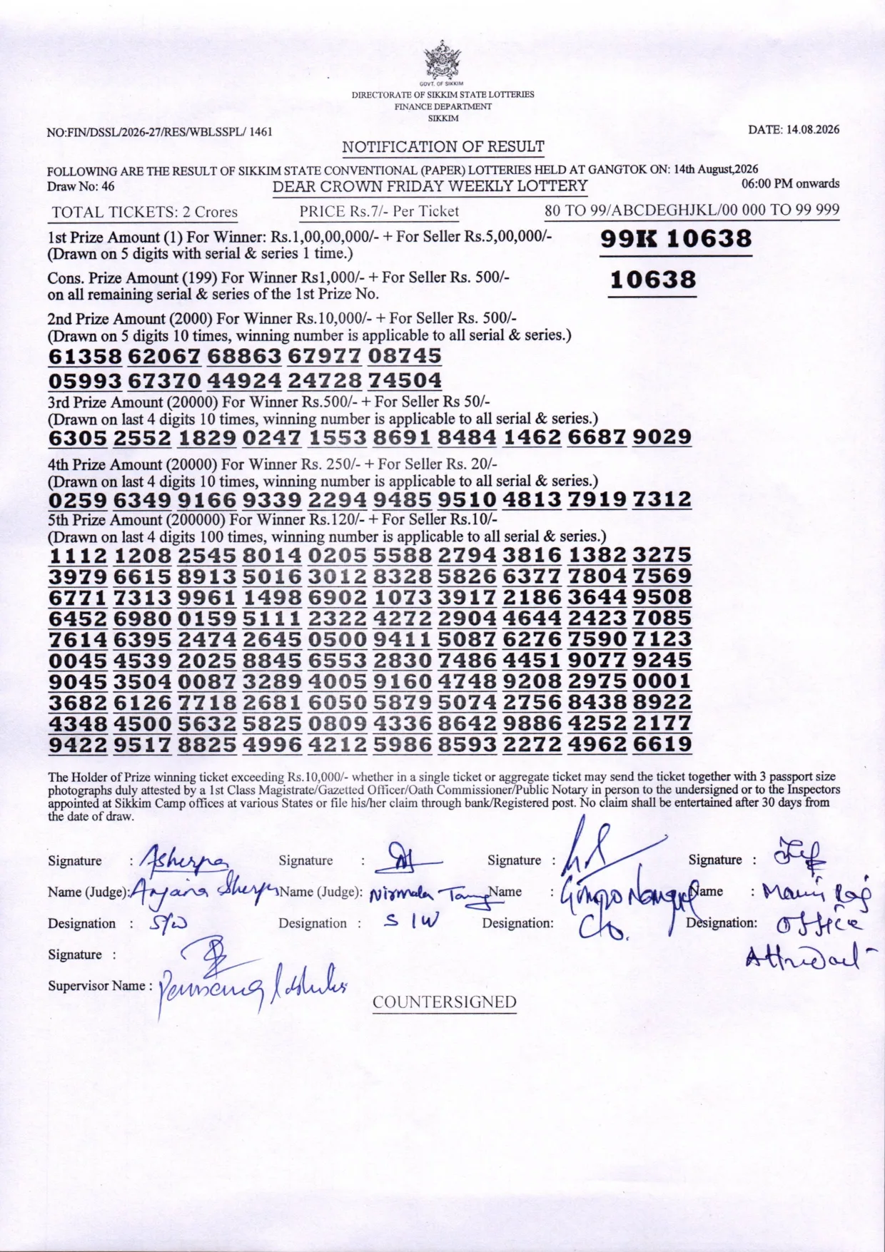 Dear Lottery result 6PM 14.08.2026