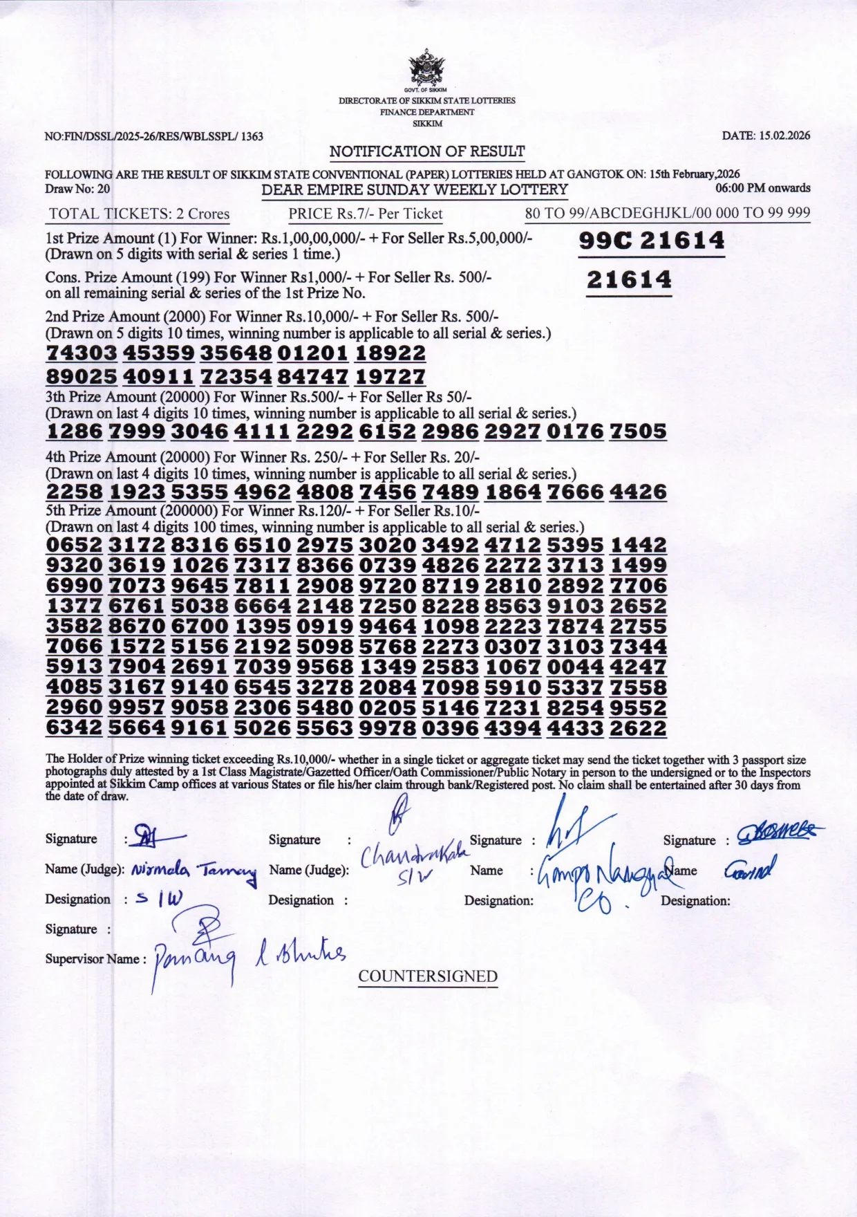 Dear Lottery result 6PM 15.02.2026