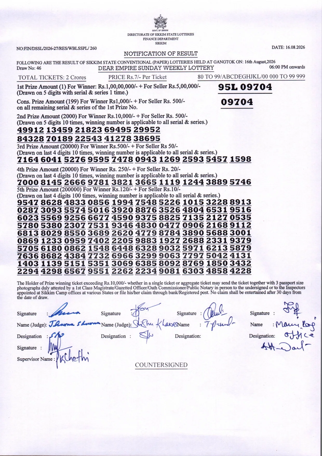Dear Lottery result 6PM 16.08.2026
