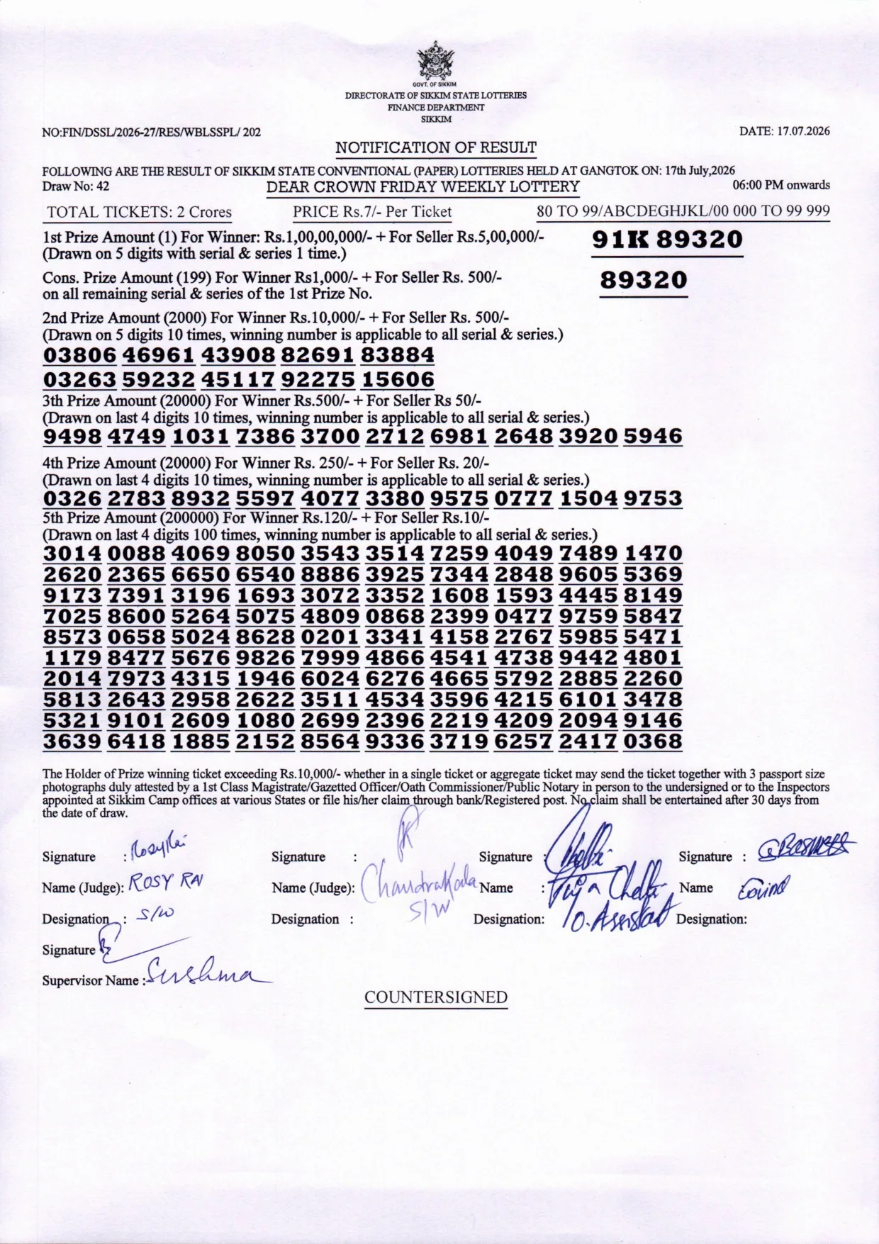 Dear Lottery result 6PM 17.07.2026