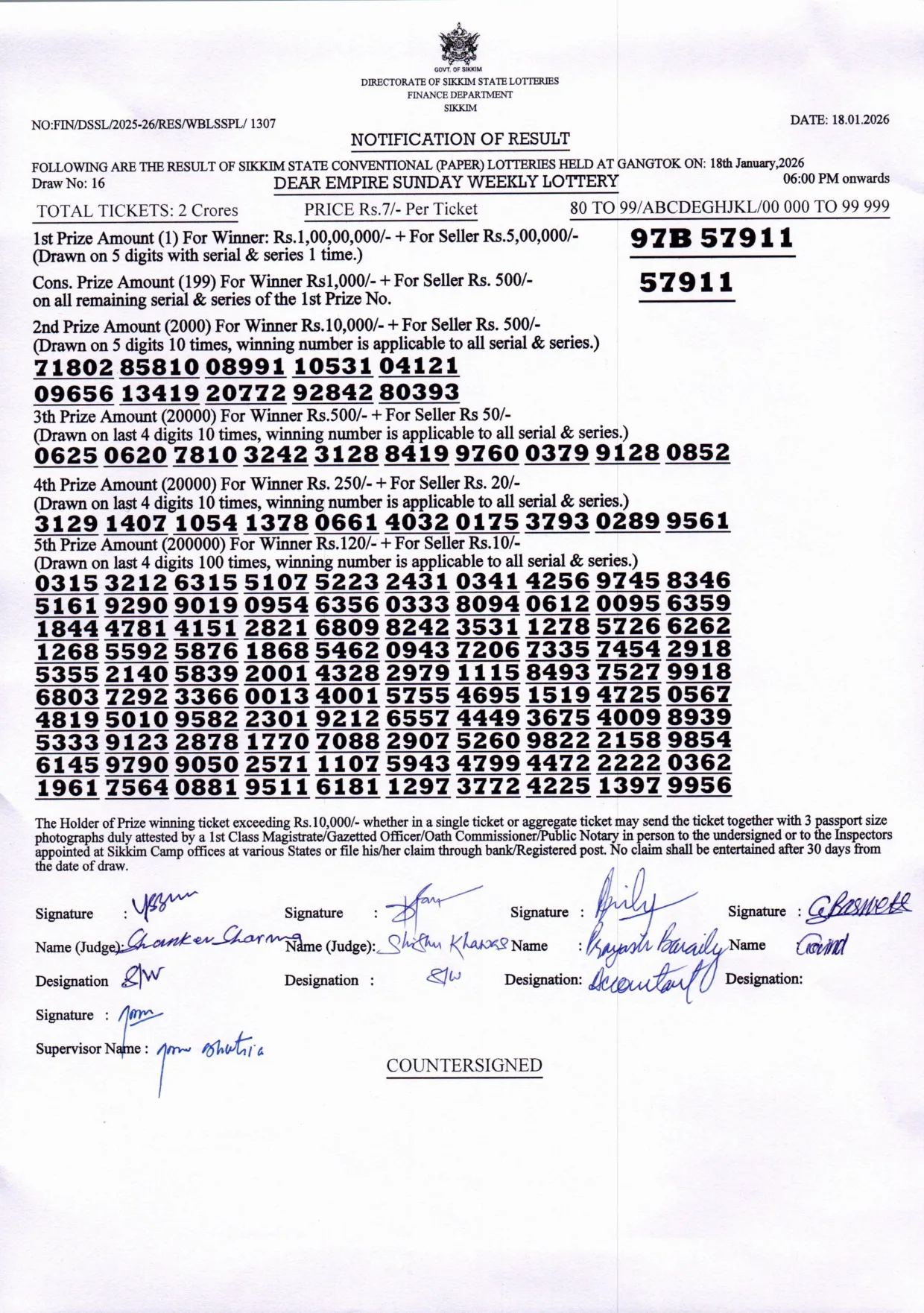 Dear Lottery result 6PM 18.01.2026