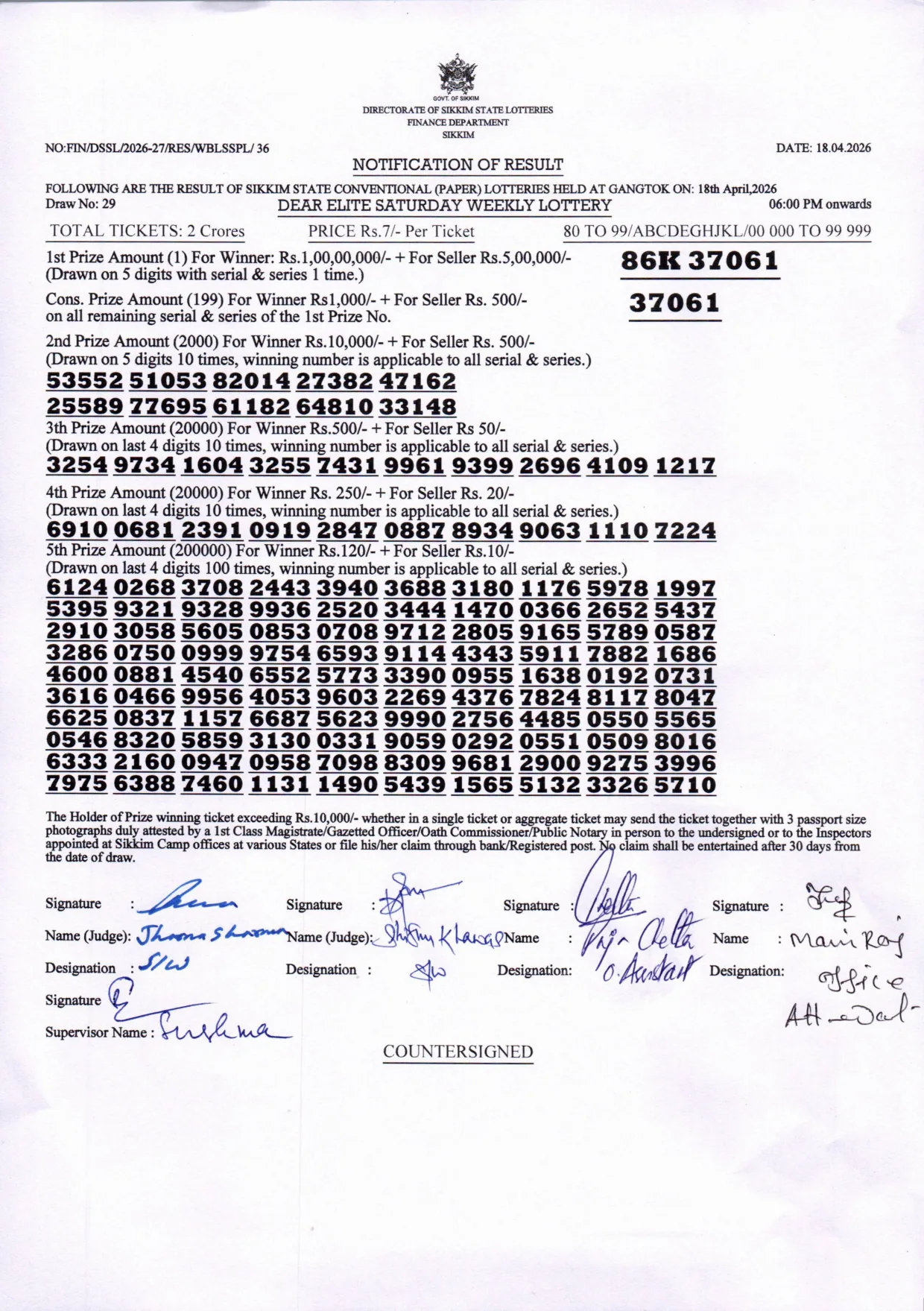 Dear Lottery result 6PM 18.04.2026