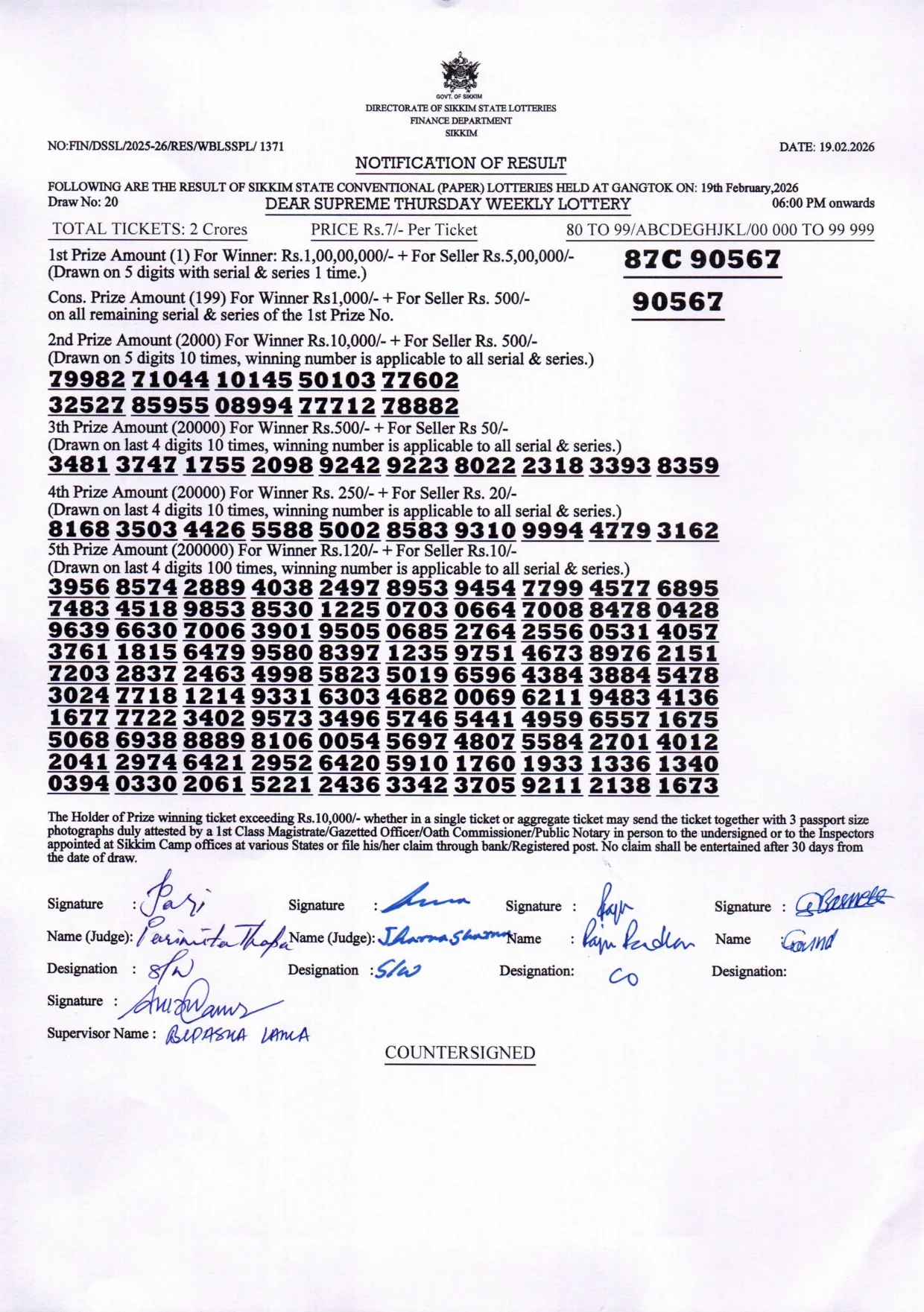 Dear Lottery result 6PM 19.02.2026
