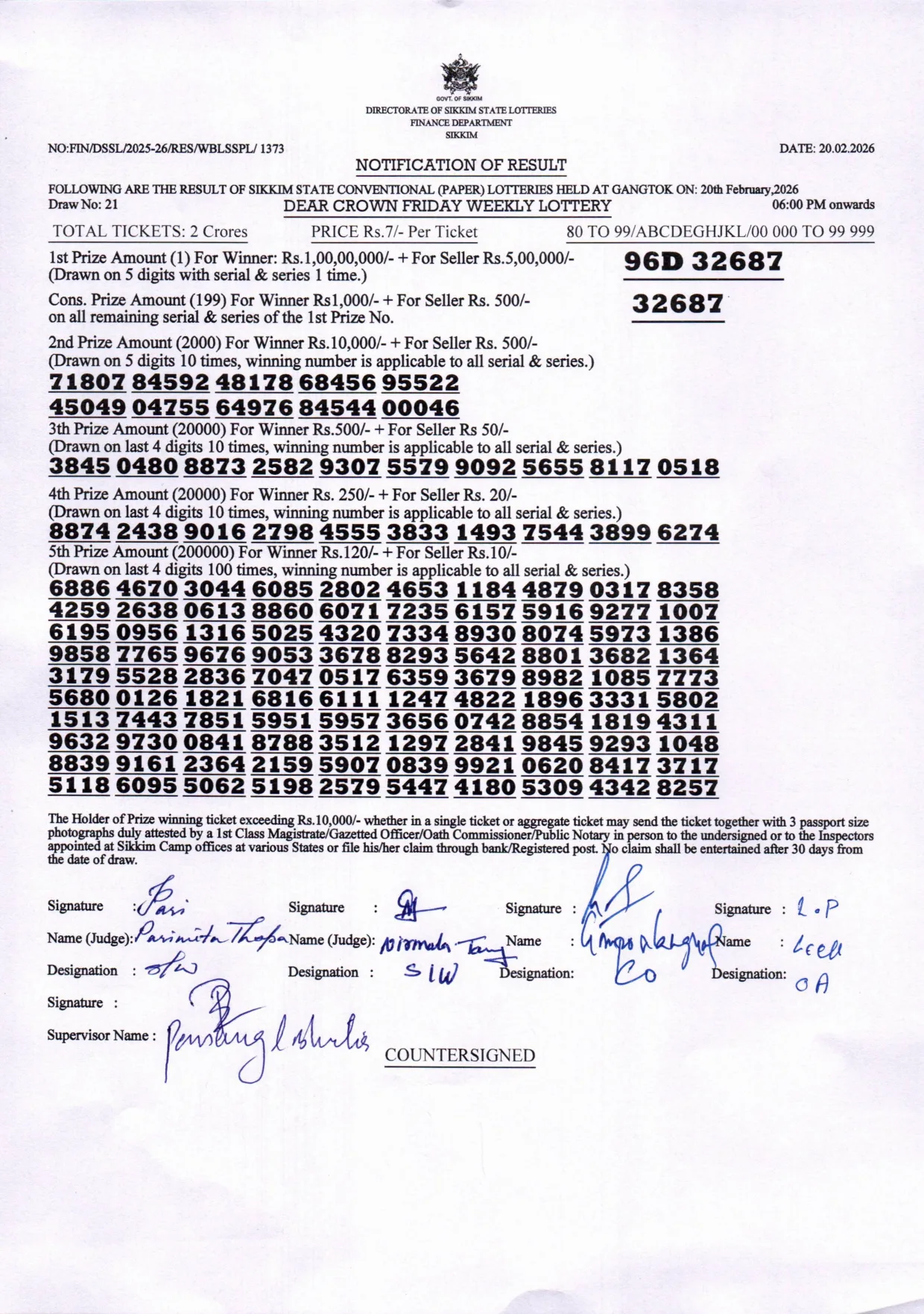 Dear Lottery result 6PM 20.02.2026
