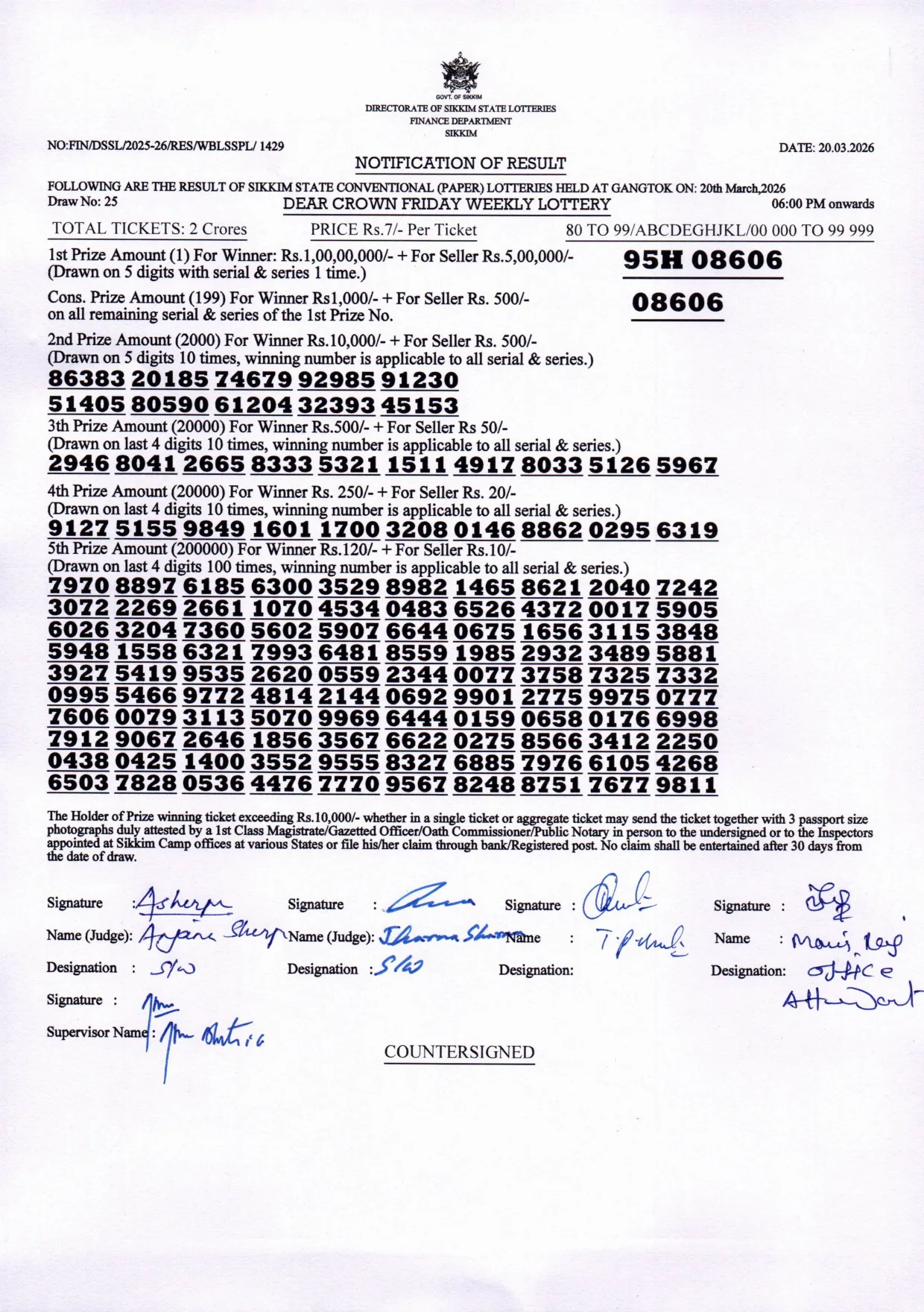 Dear Lottery result 6PM 20.03.2026