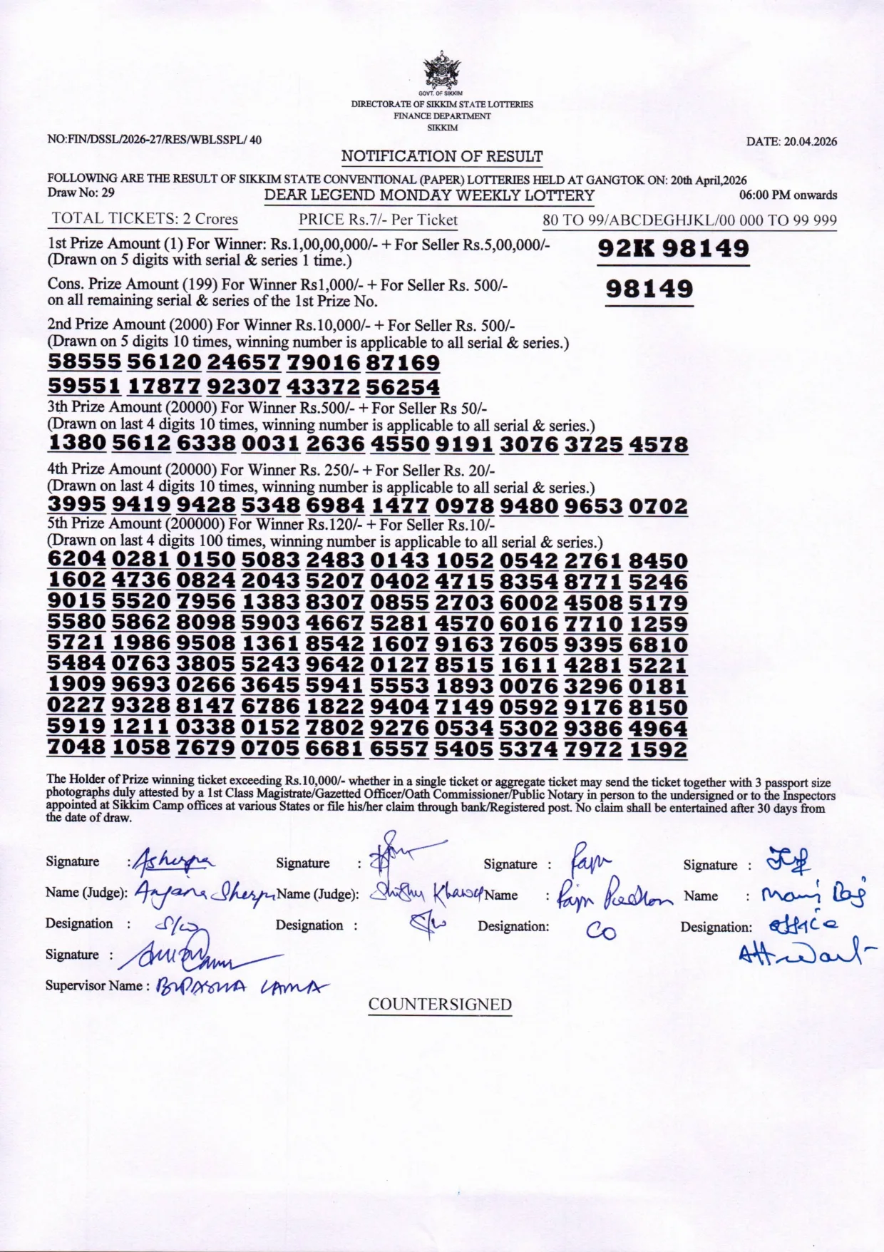 Dear Lottery result 6PM 20.04.2026