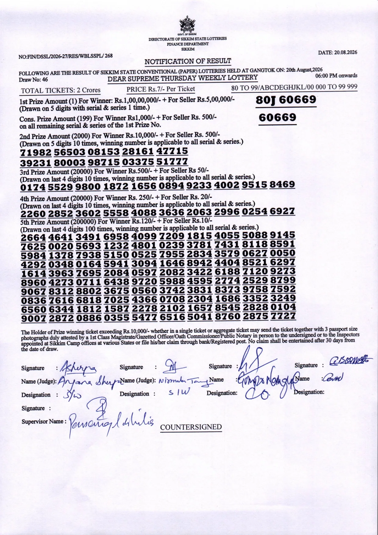 Dear Lottery result 6PM 20.08.2026