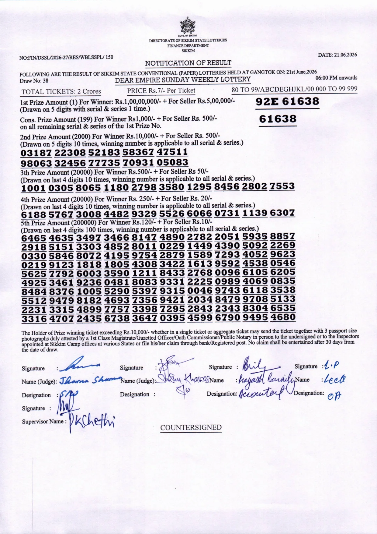 Dear Lottery result 6PM 21.06.2026
