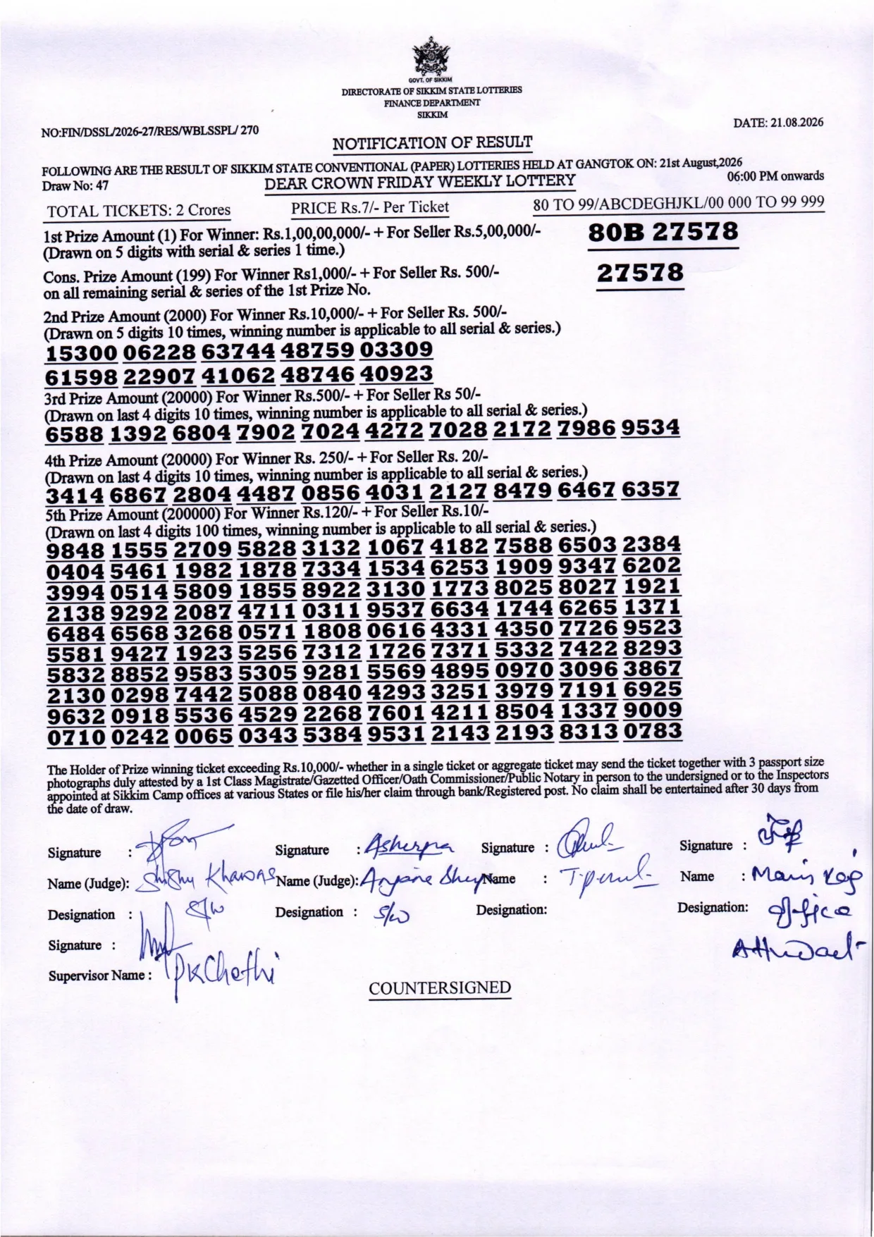 Dear Lottery result 6PM 21.08.2026