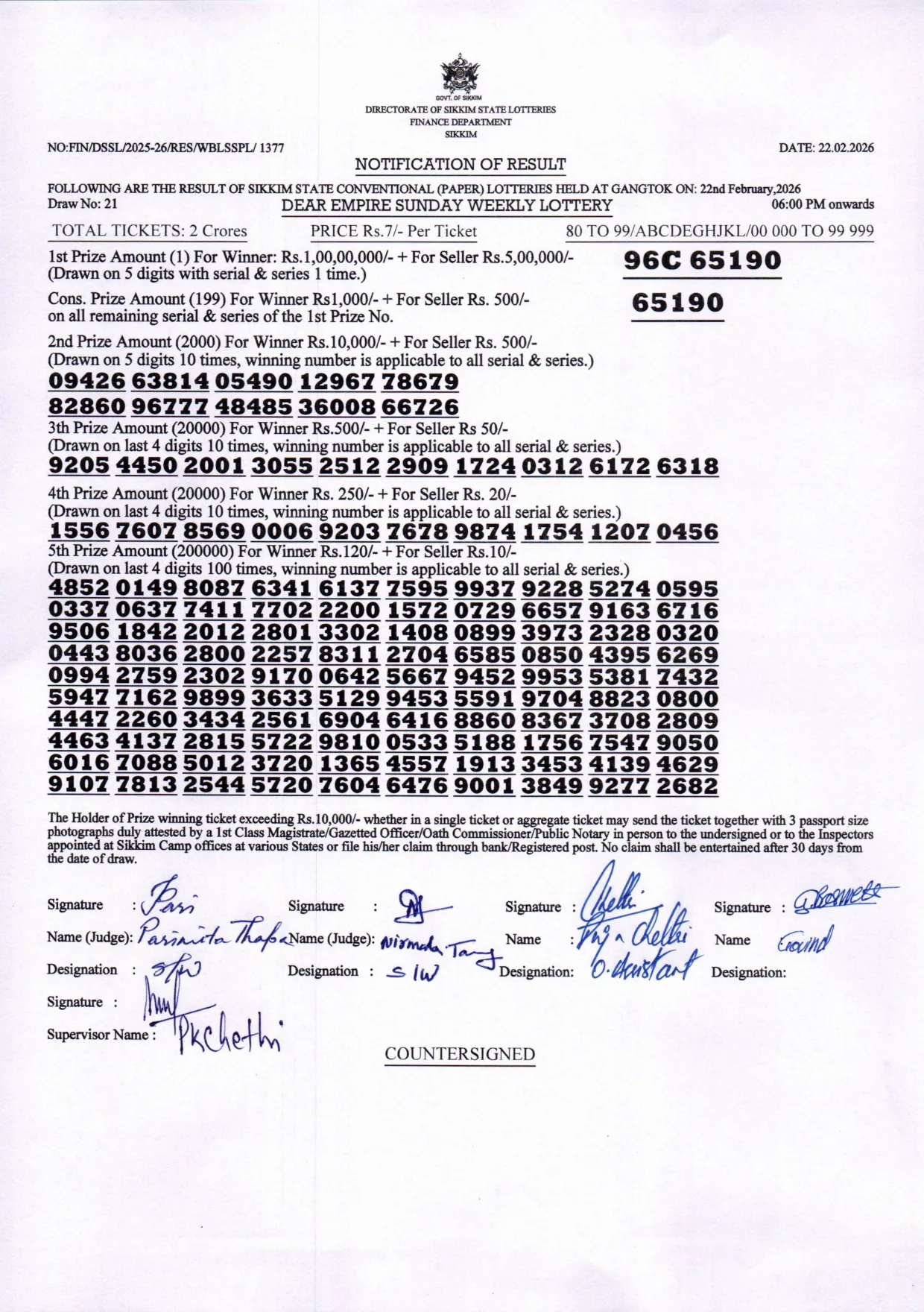 Dear Lottery result 6PM 22.02.2026