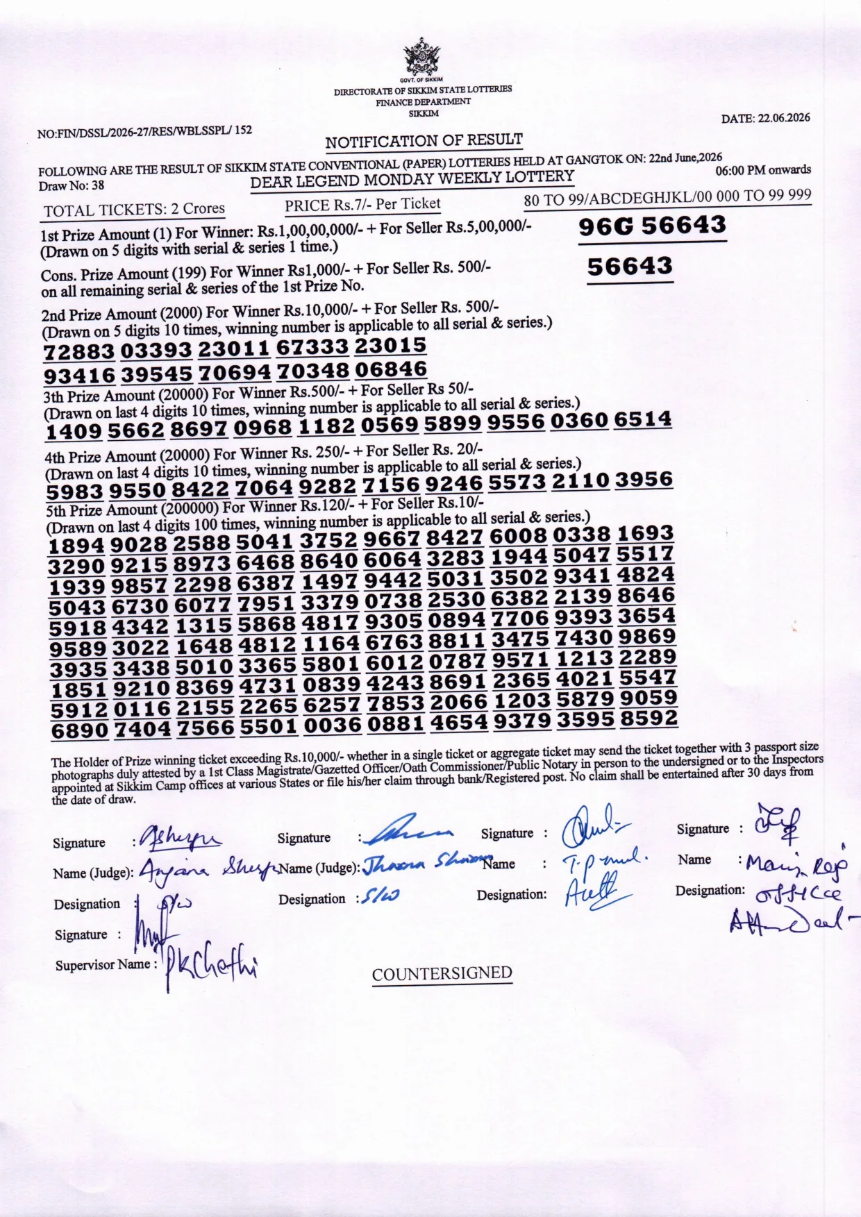 Dear Lottery result 6PM 22.06.2026