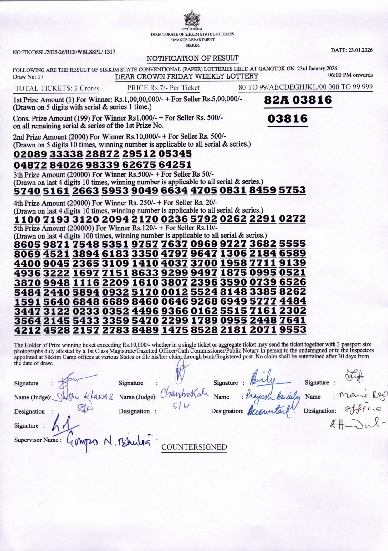 Dear Lottery result 6PM 23.01.2026
