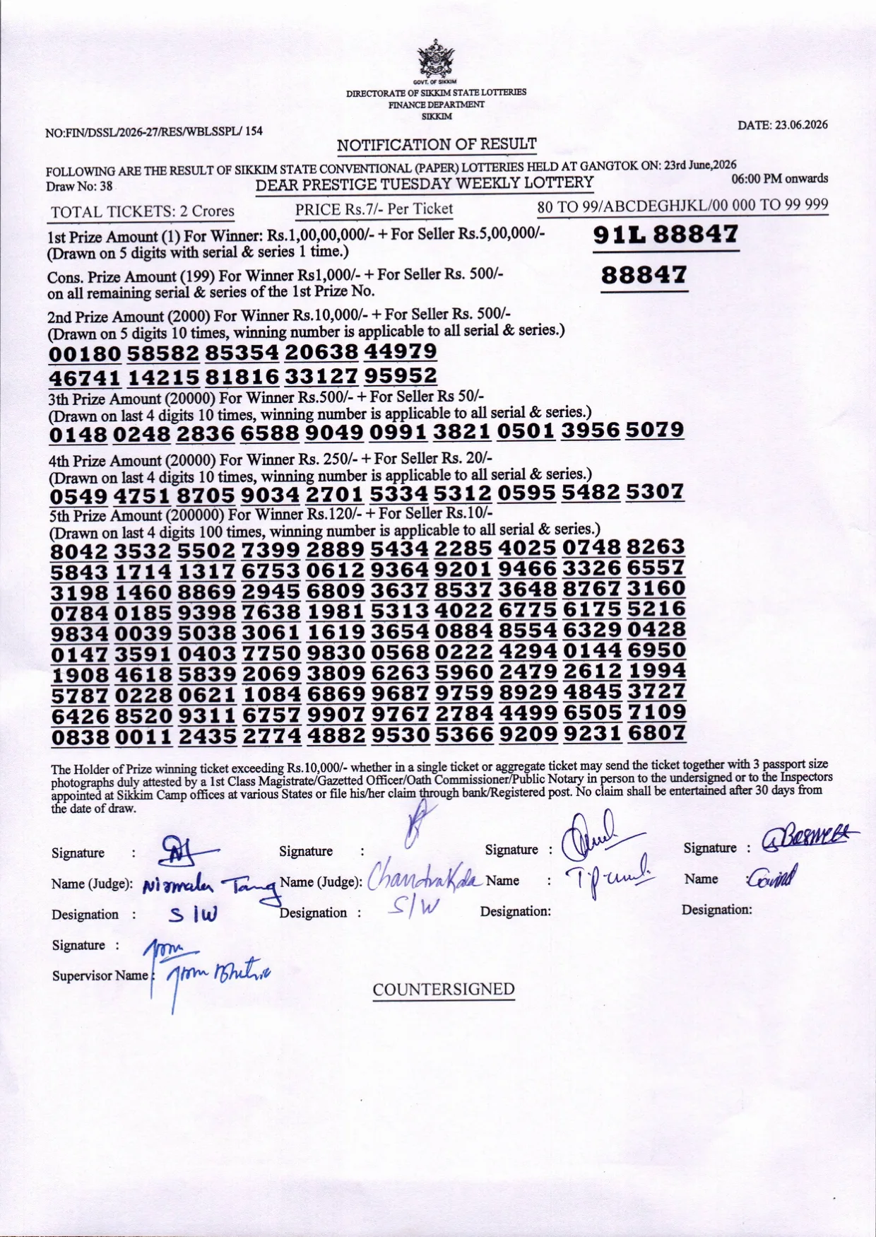 Dear Lottery result 6PM 23.06.2026