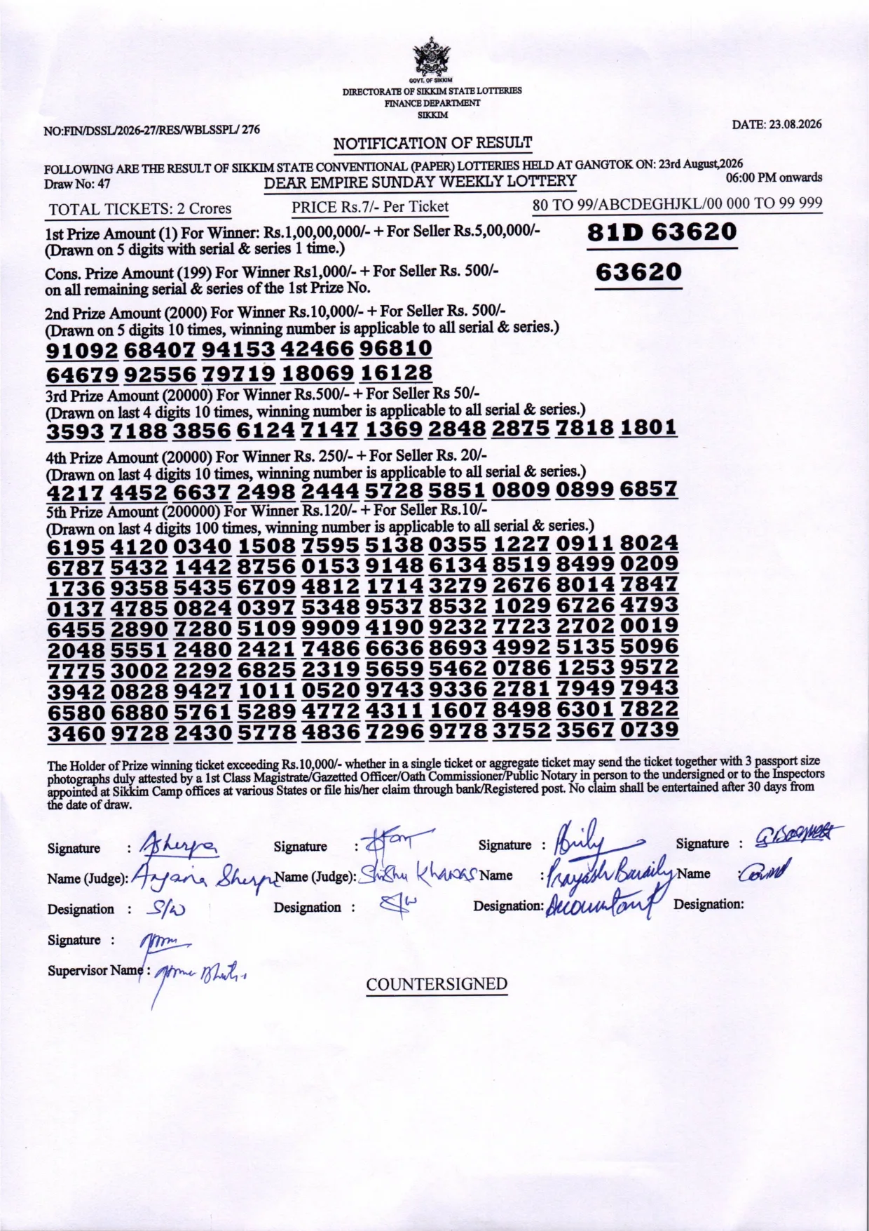 Dear Lottery result 6PM 23.08.2026