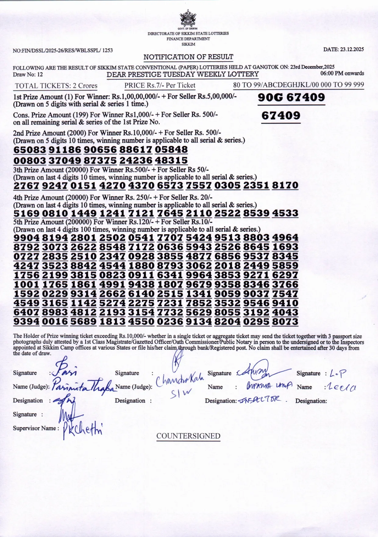Dear Lottery result 6PM 23.12.2025