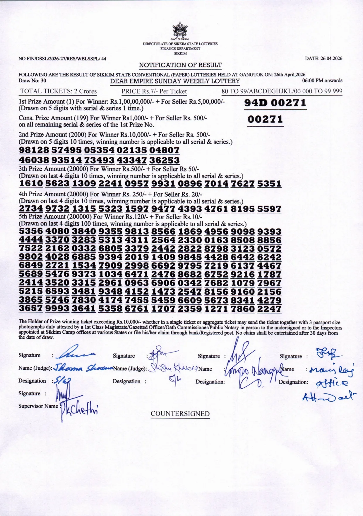 Dear Lottery result 6PM 26.04.2026