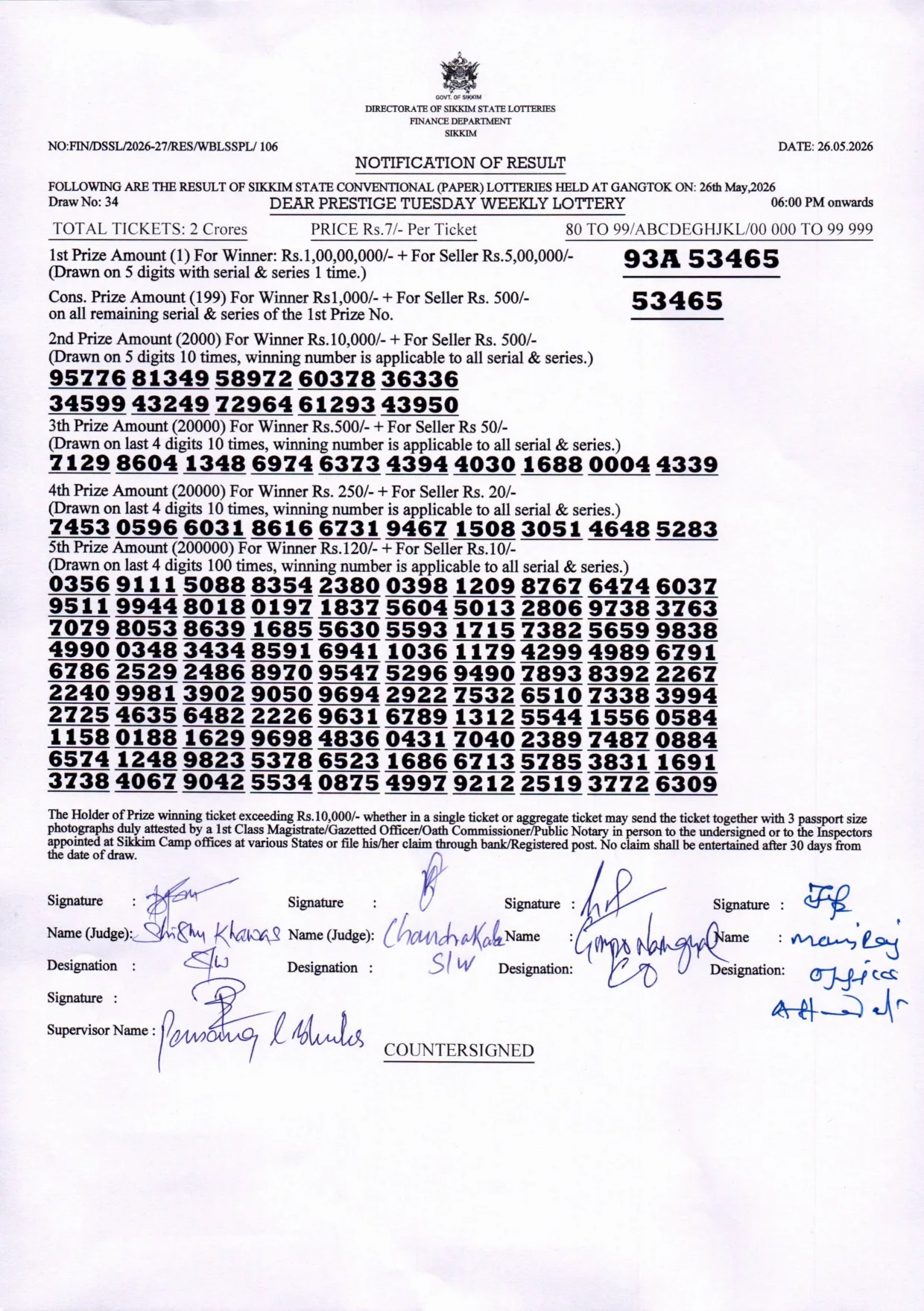 Dear Lottery result 6PM 26.05.2026