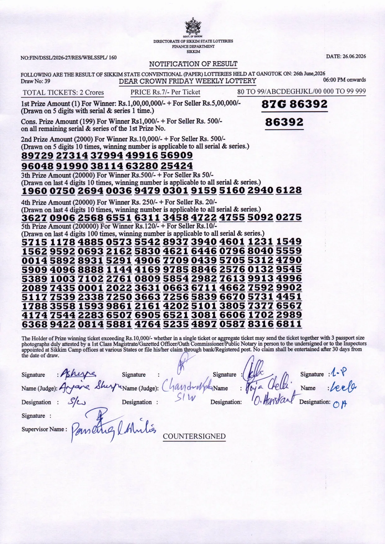 Dear Lottery result 6PM 26.06.2026
