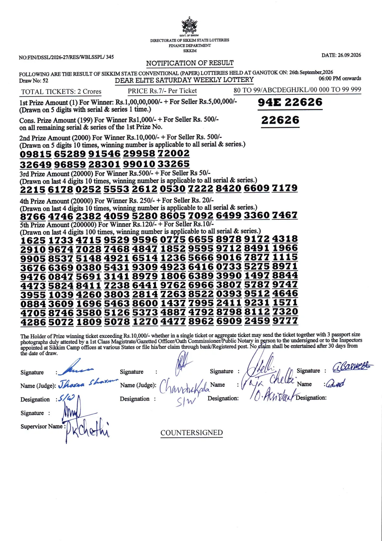 Dear Lottery result 6PM 26.09.2026