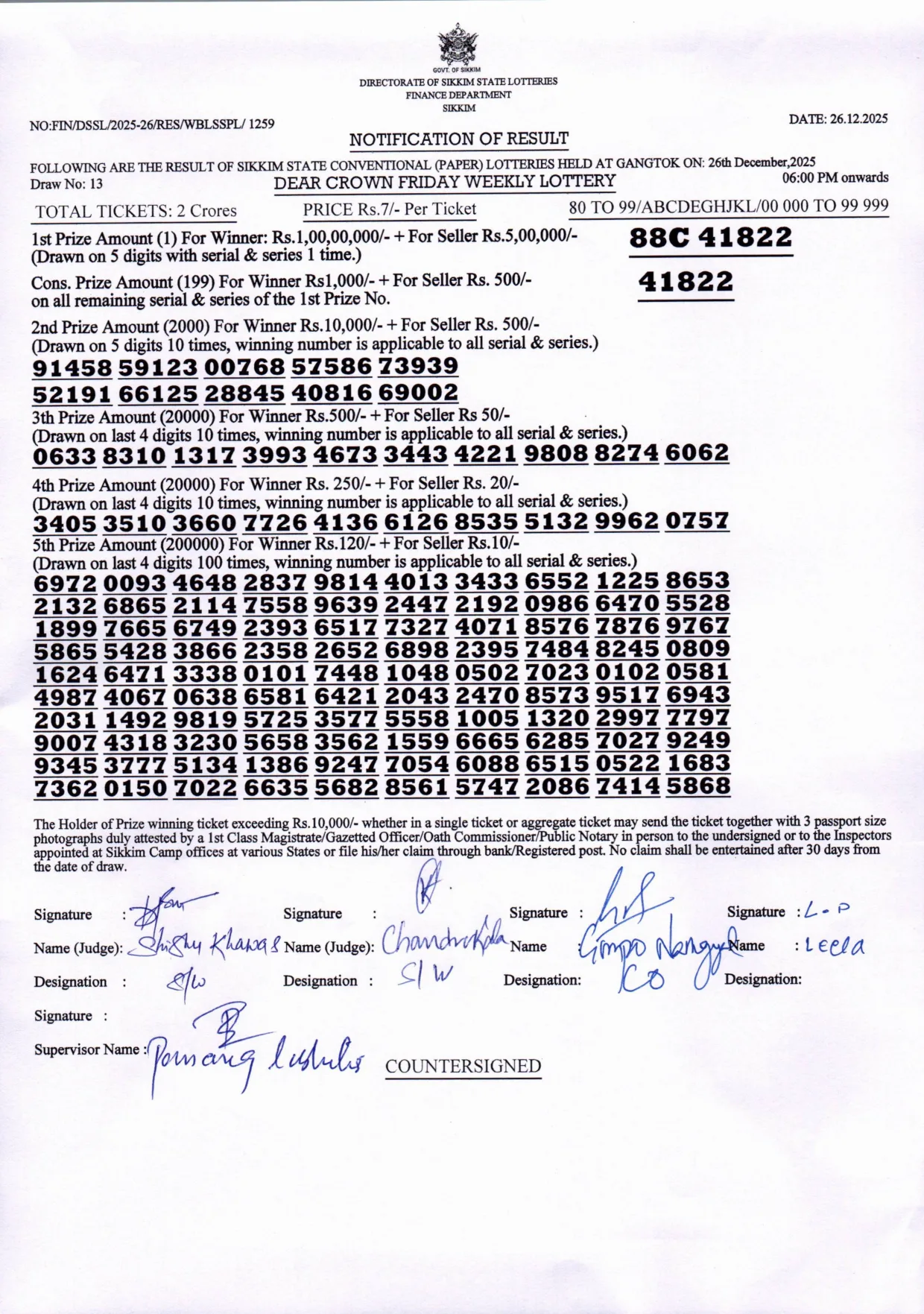 Dear Lottery result 6PM 26.12.2025