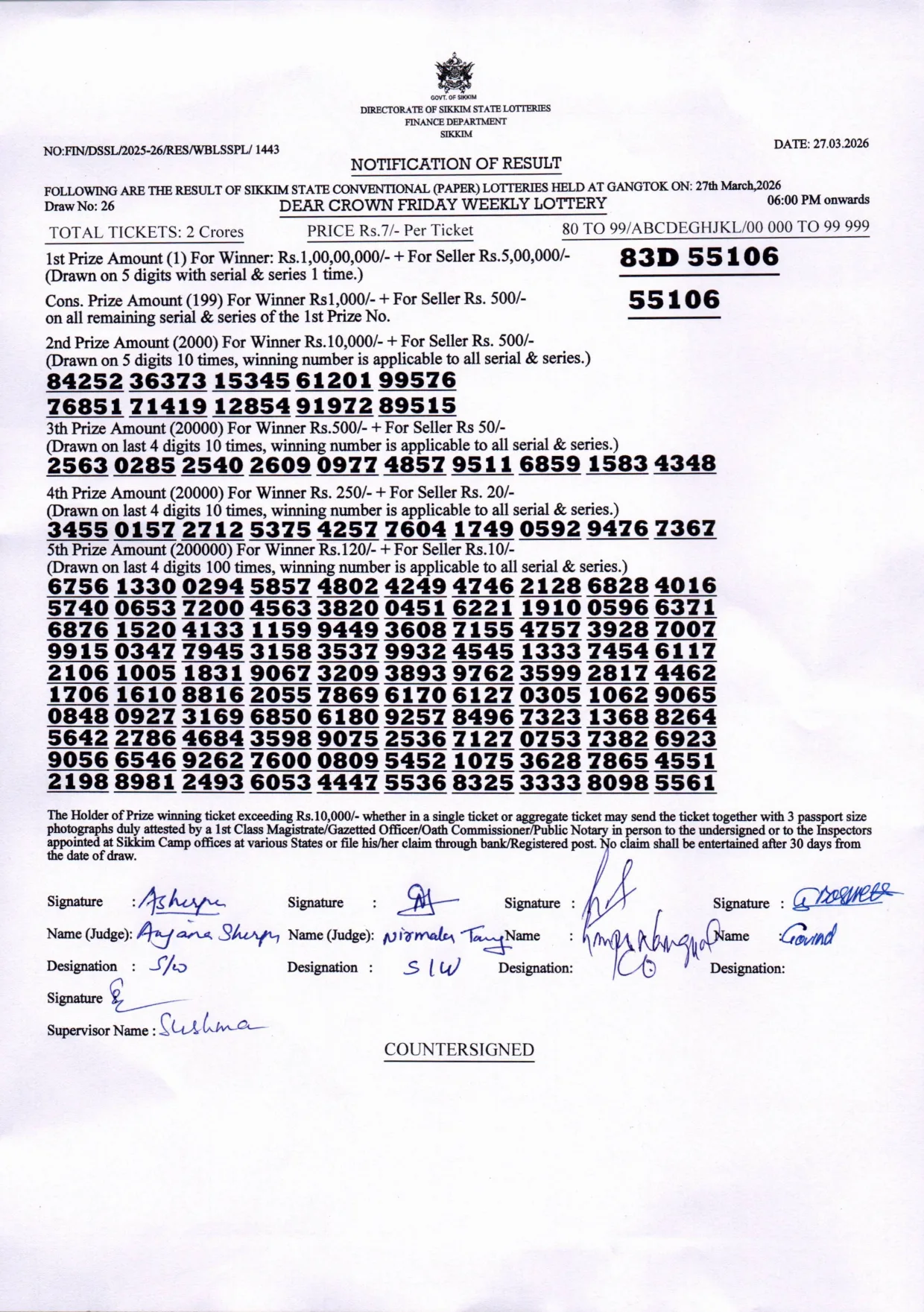 Dear Lottery result 6PM 27.03.2026