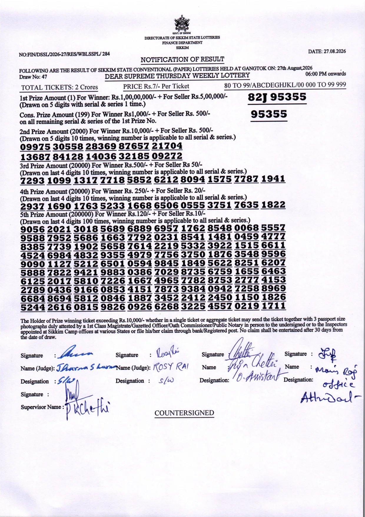 Dear Lottery result 6PM 27.08.2026