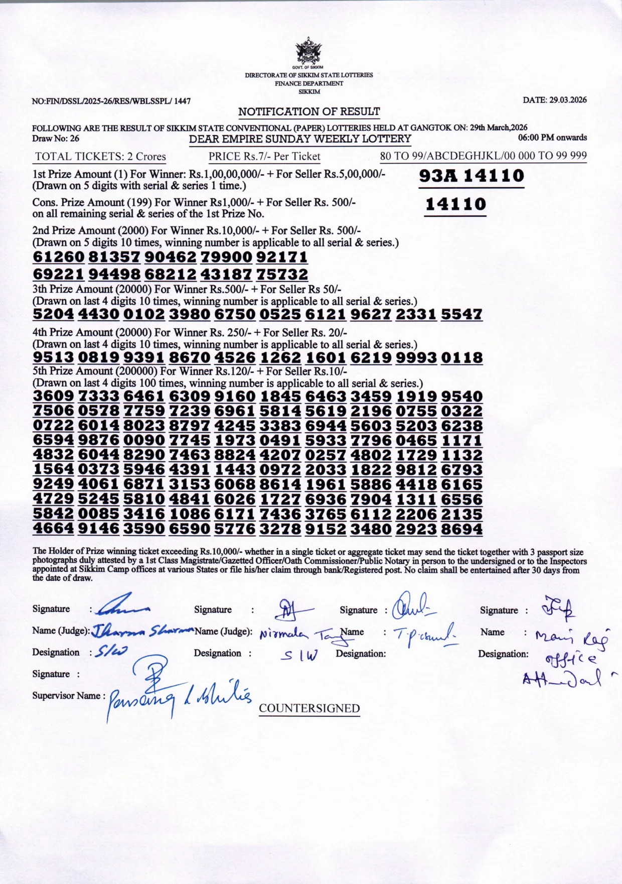 Dear Lottery result 6PM 29.03.2026