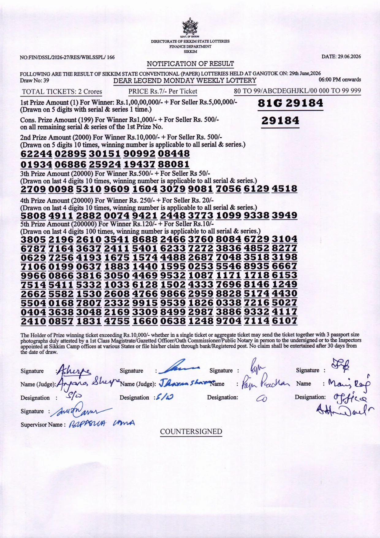 Dear Lottery result 6PM 29.06.2026
