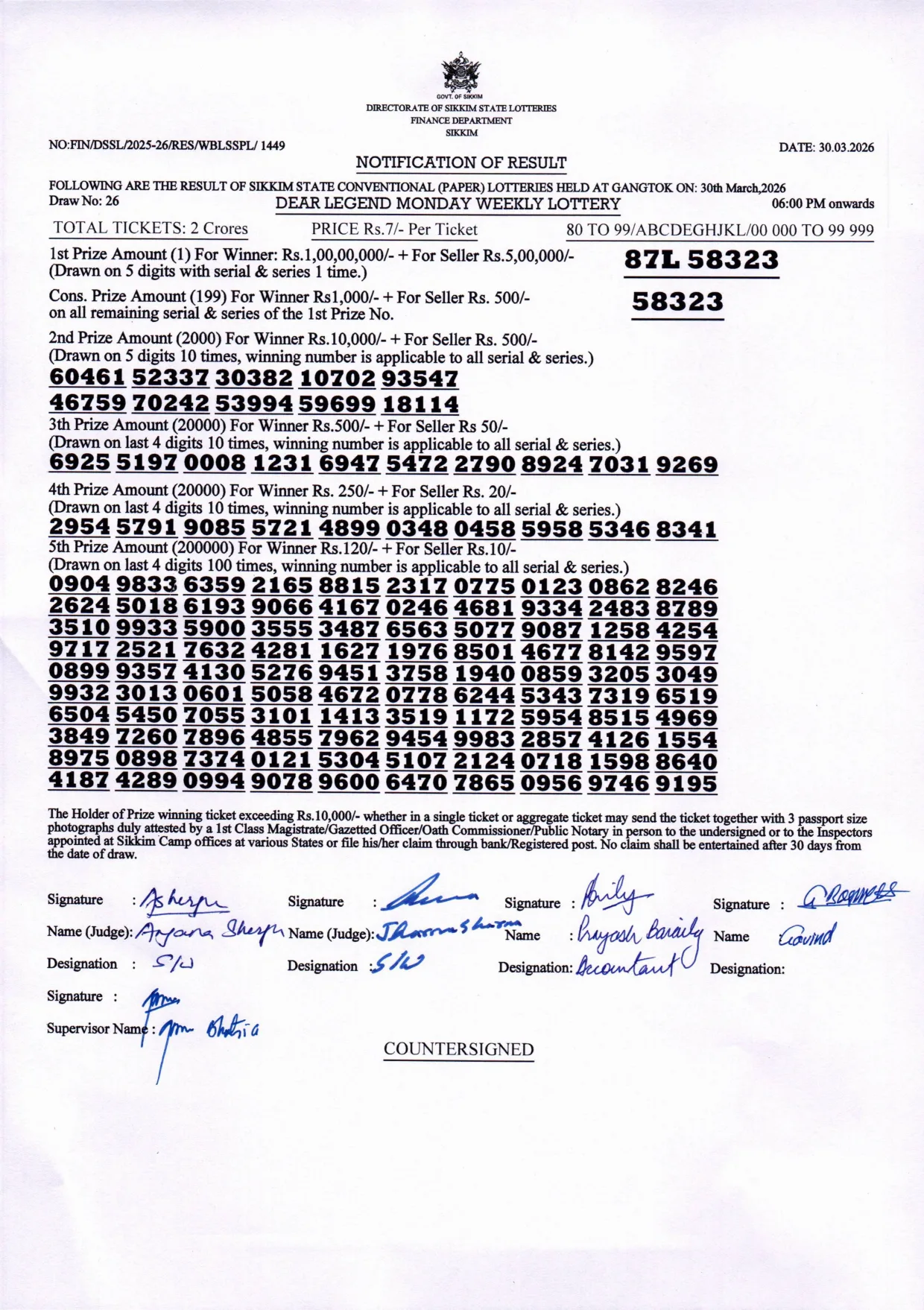 Dear Lottery result 6PM 30.03.2026