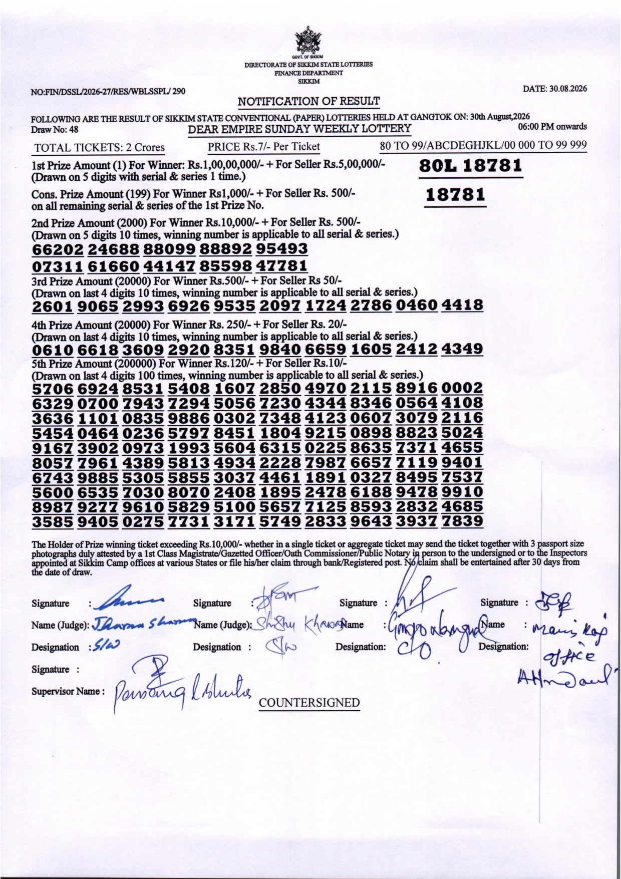 Dear Lottery result 6PM 30.08.2026