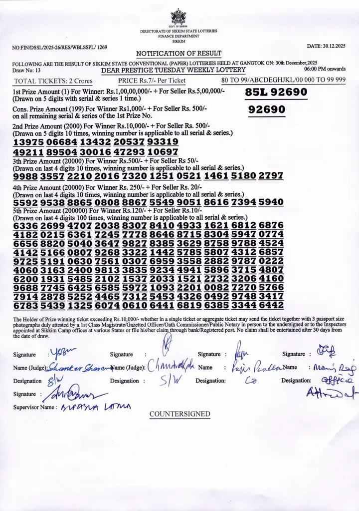 Dear Lottery result 6PM 30.12.2025