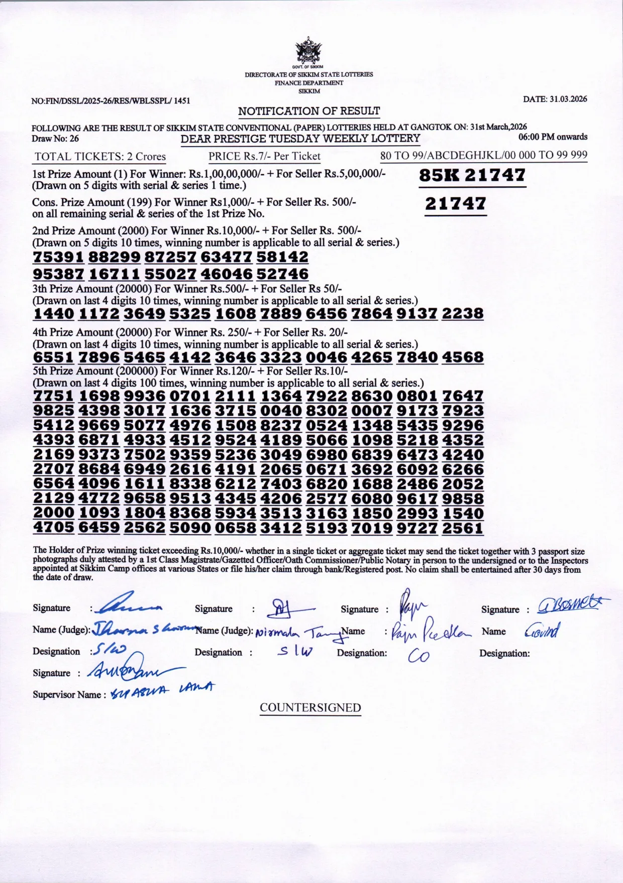 Dear Lottery result 6PM 31.03.2026