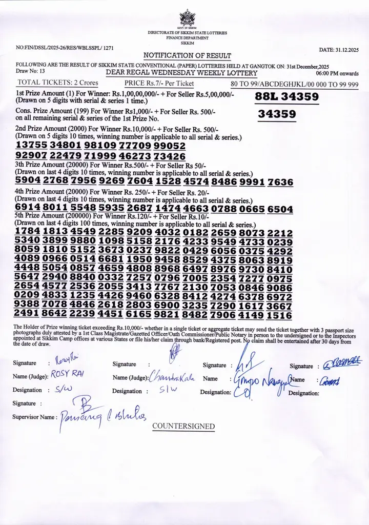 Dear Lottery result 6PM 31.12.2025