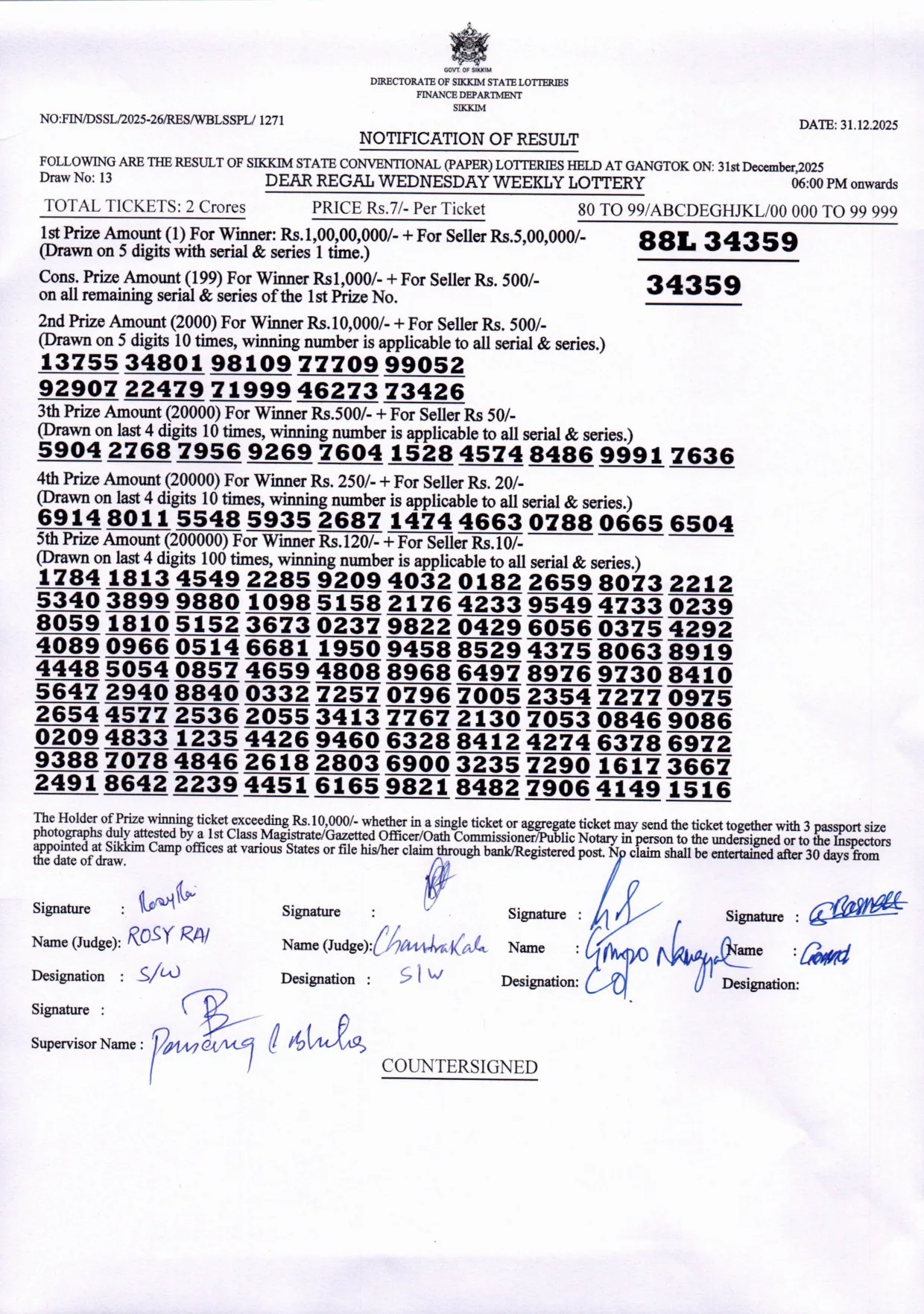 Dear Lottery result 6PM 31.12.2025