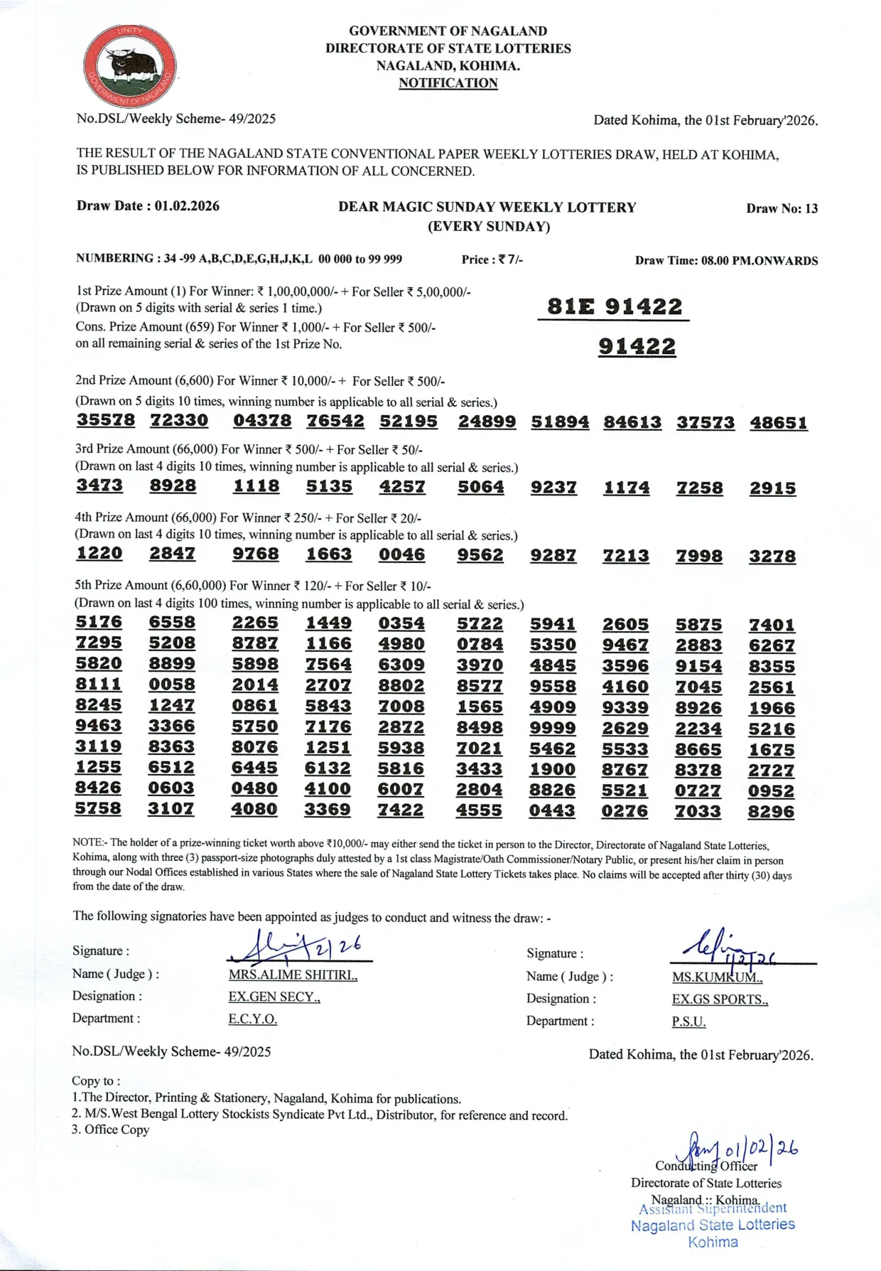 Dear Lottery result 8PM 01.02.2026