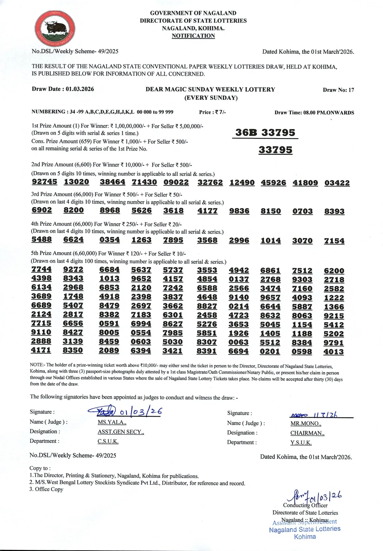 Dear Lottery result 8PM 01.03.2026