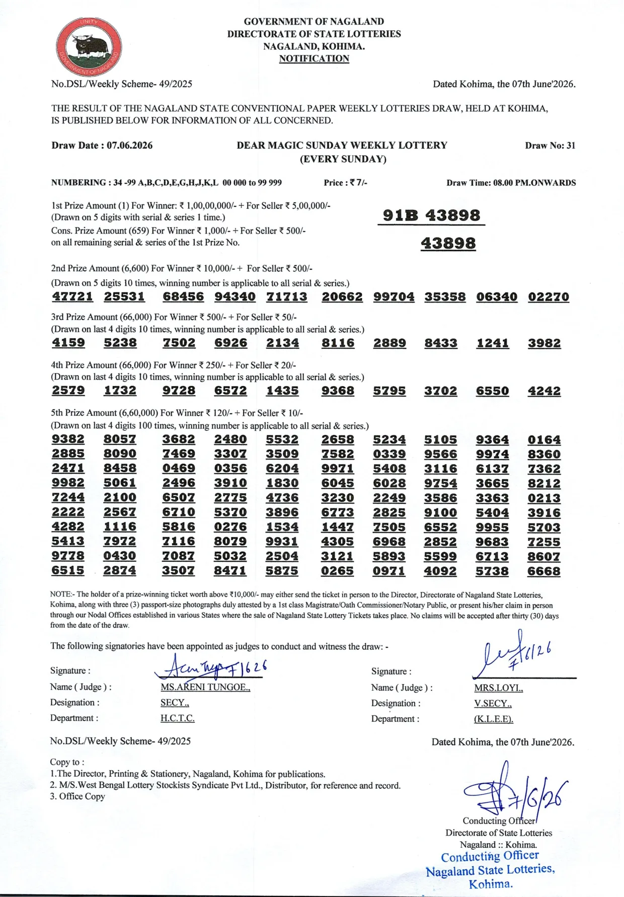 Dear Lottery result 8PM 07.06.2026