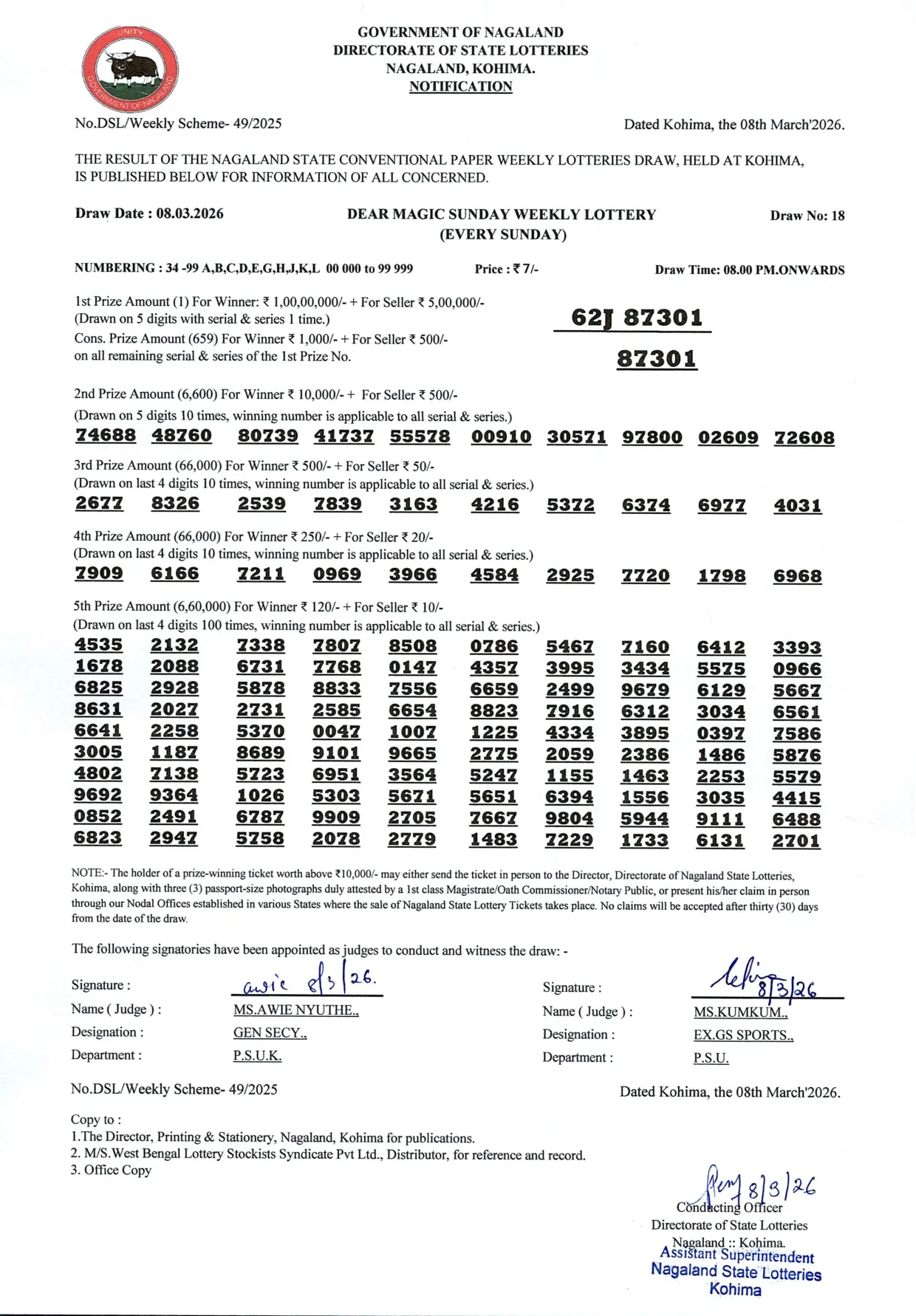 Dear Lottery result 8PM 08.03.2026