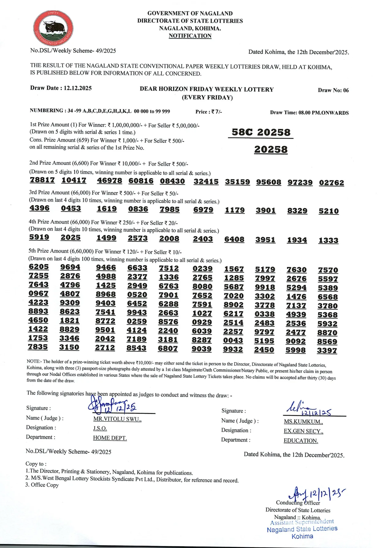 Dear Lottery result 8PM 12.12.2025