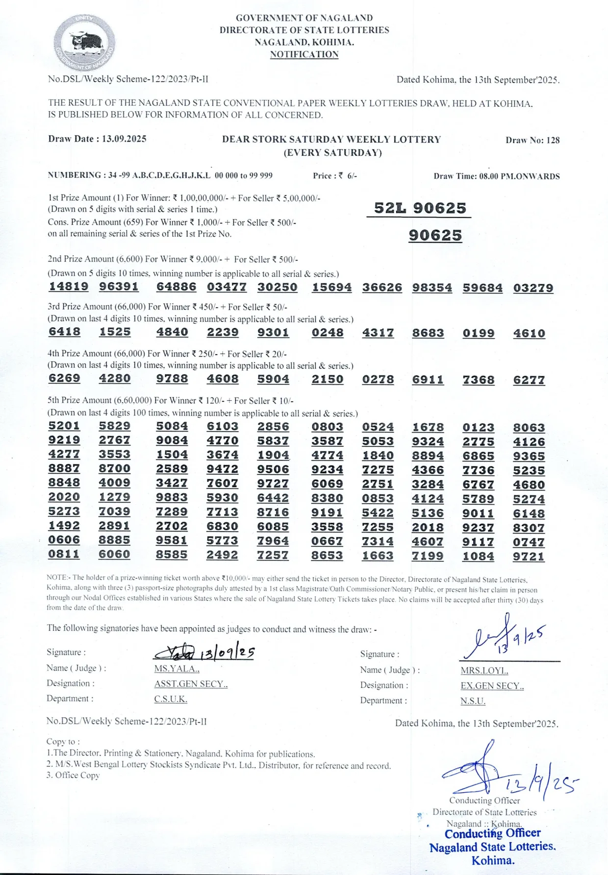 Dear Lottery result 8PM 13.09.2025